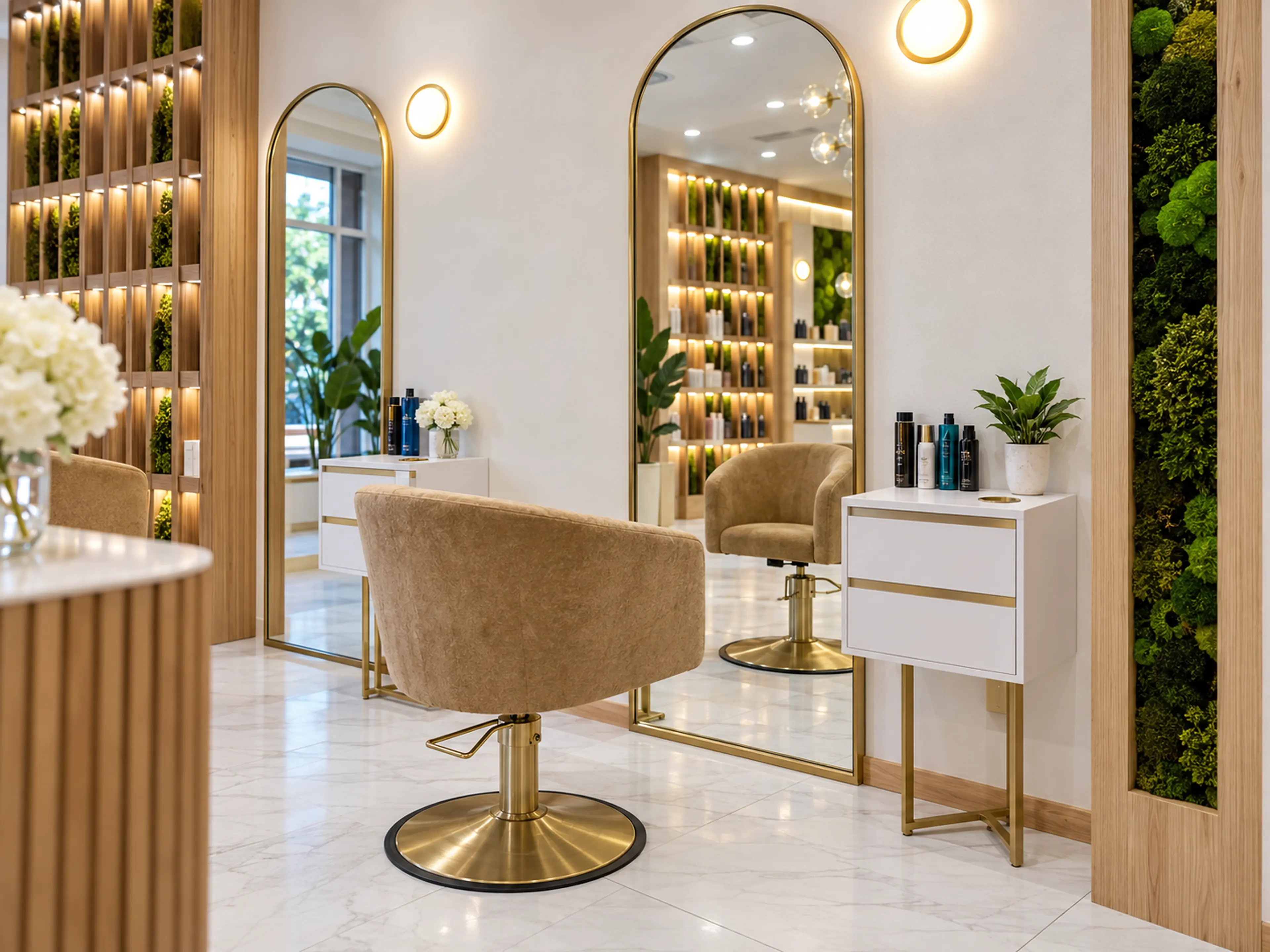 Supplemental Rové Salon concept study of an arched brass mirror and styling station.