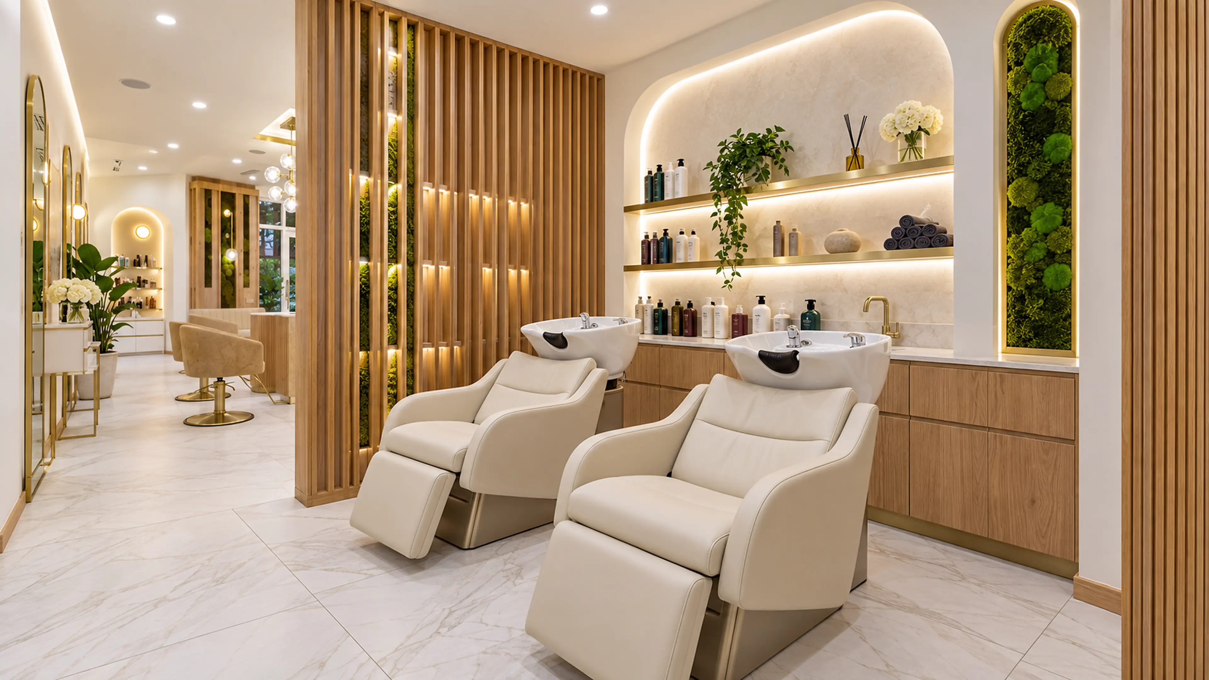 Supplemental Rové Salon concept study of two wash stations behind an oak slat divider.