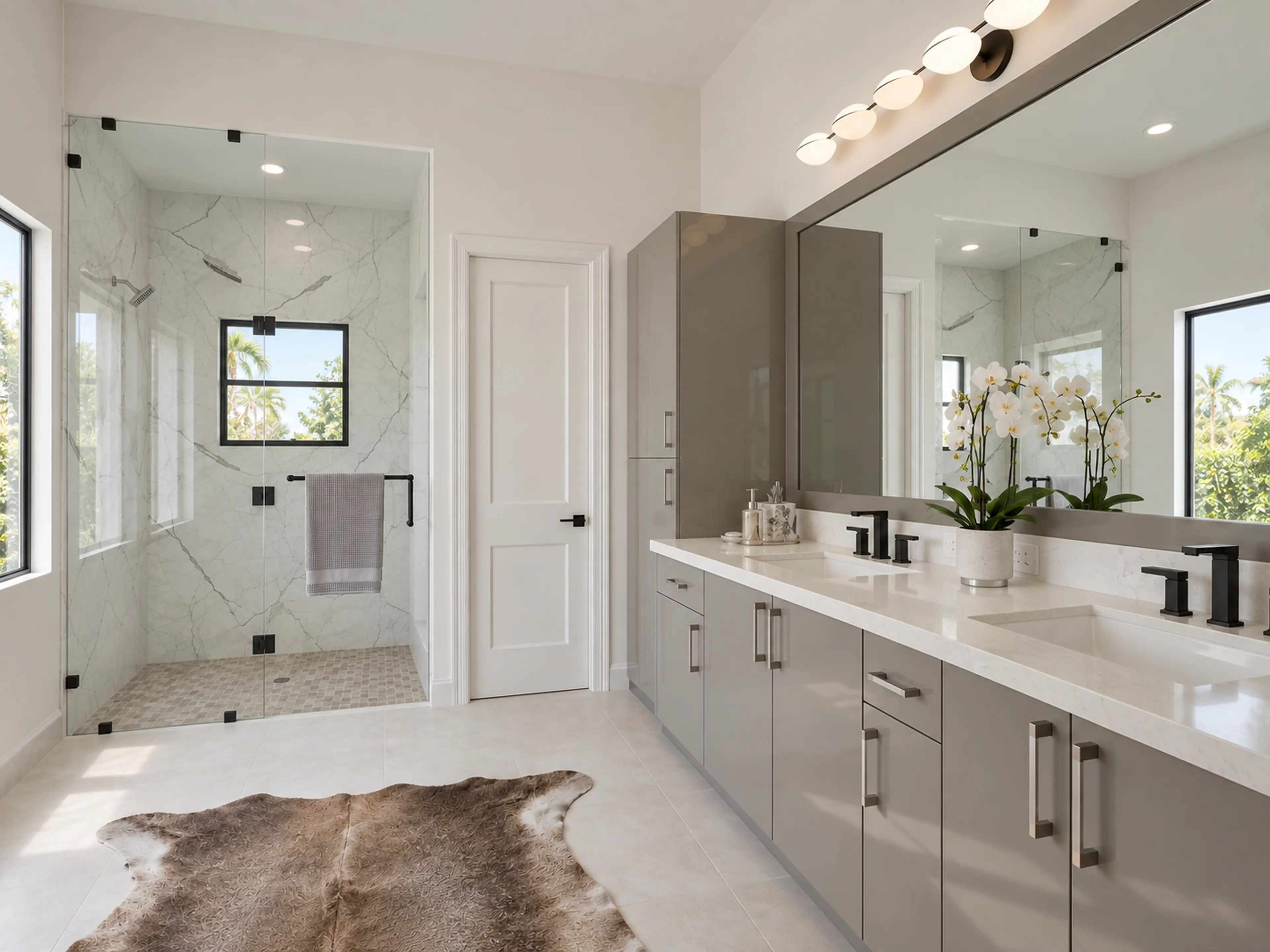 Supplemental bathroom view along the double vanity toward the marble shower.