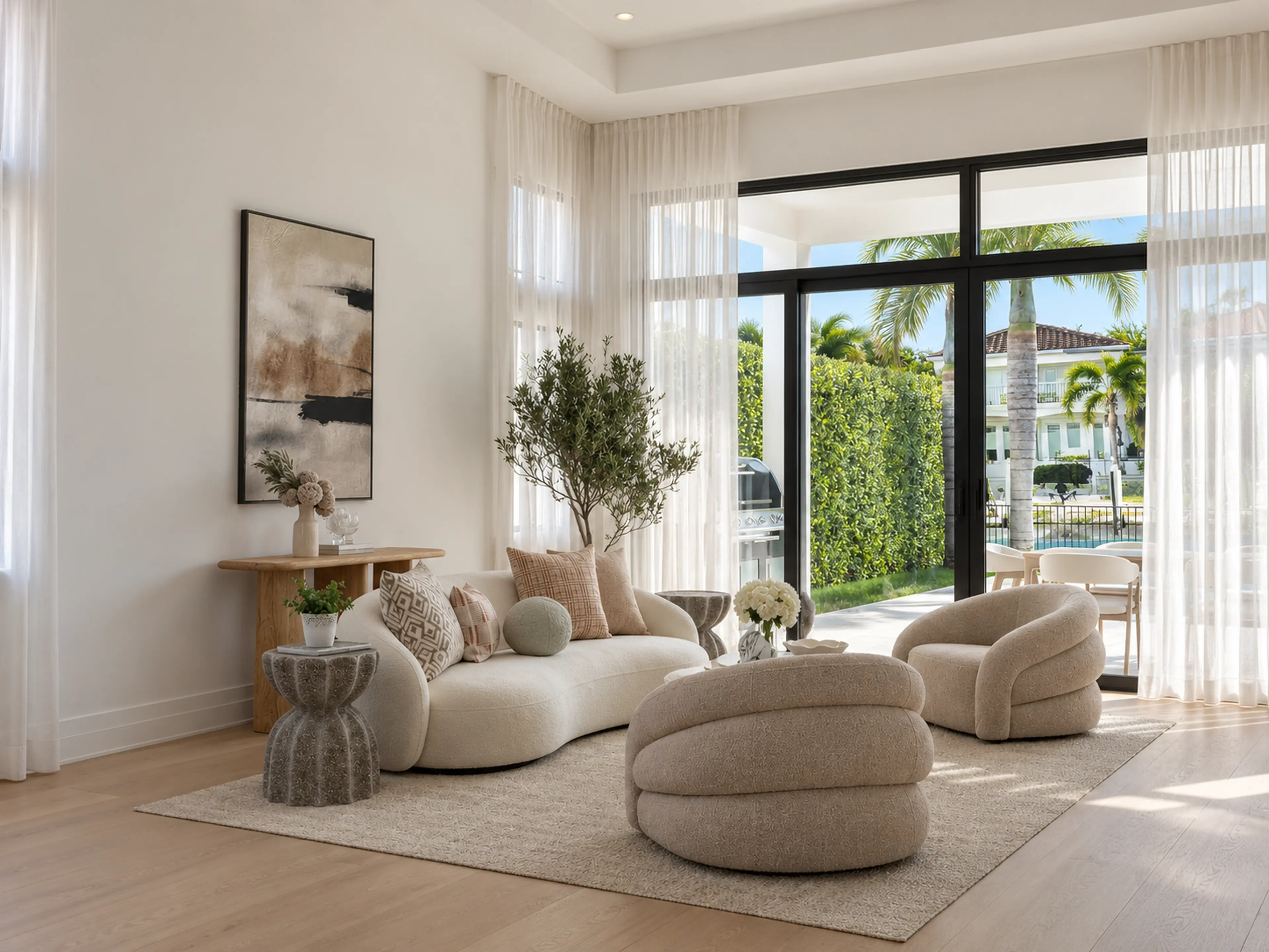 Photographic living area with curved cream seating and full-height black-framed glass.