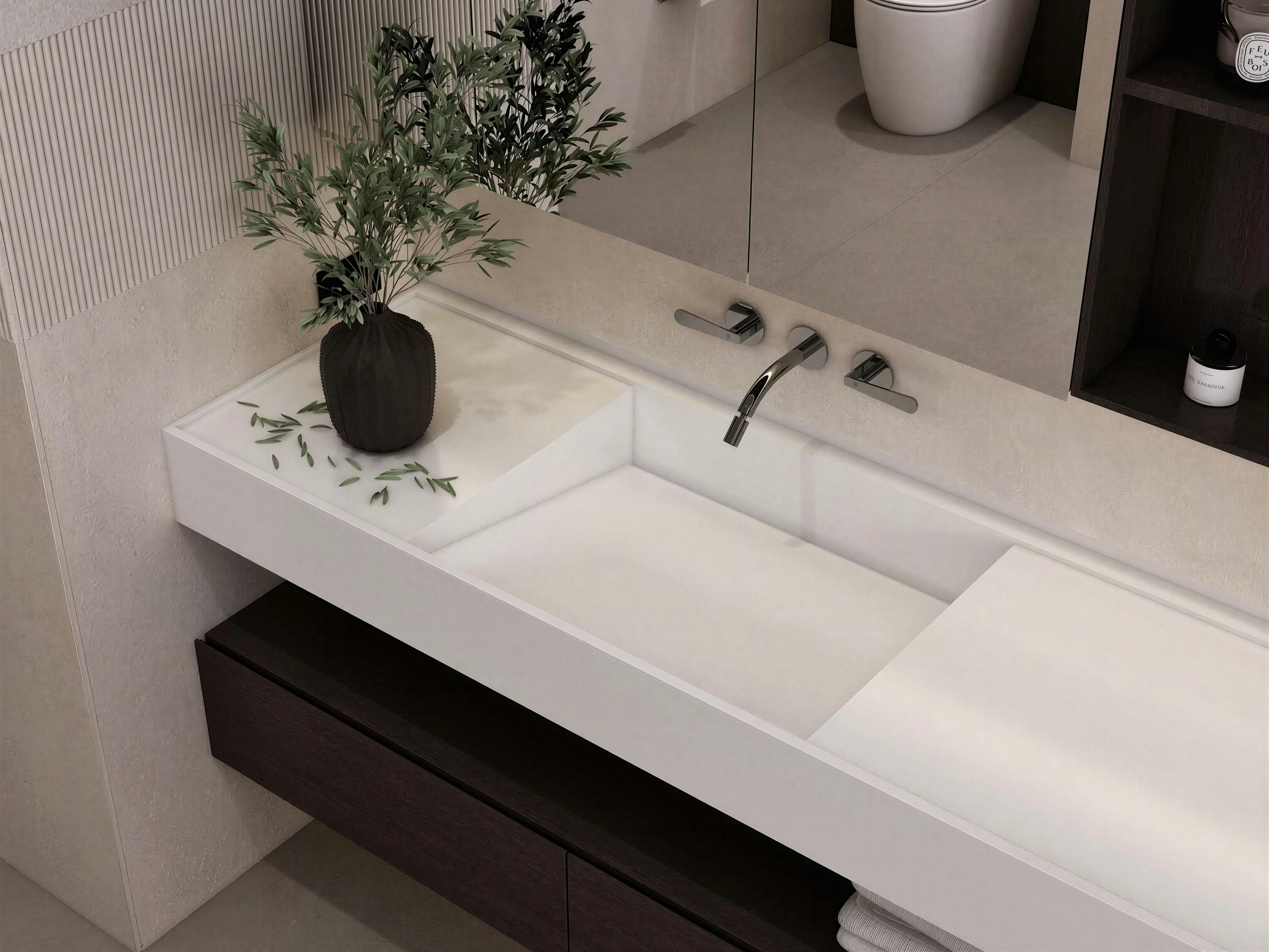 Detail of the double vanity counter and dark fixtures.