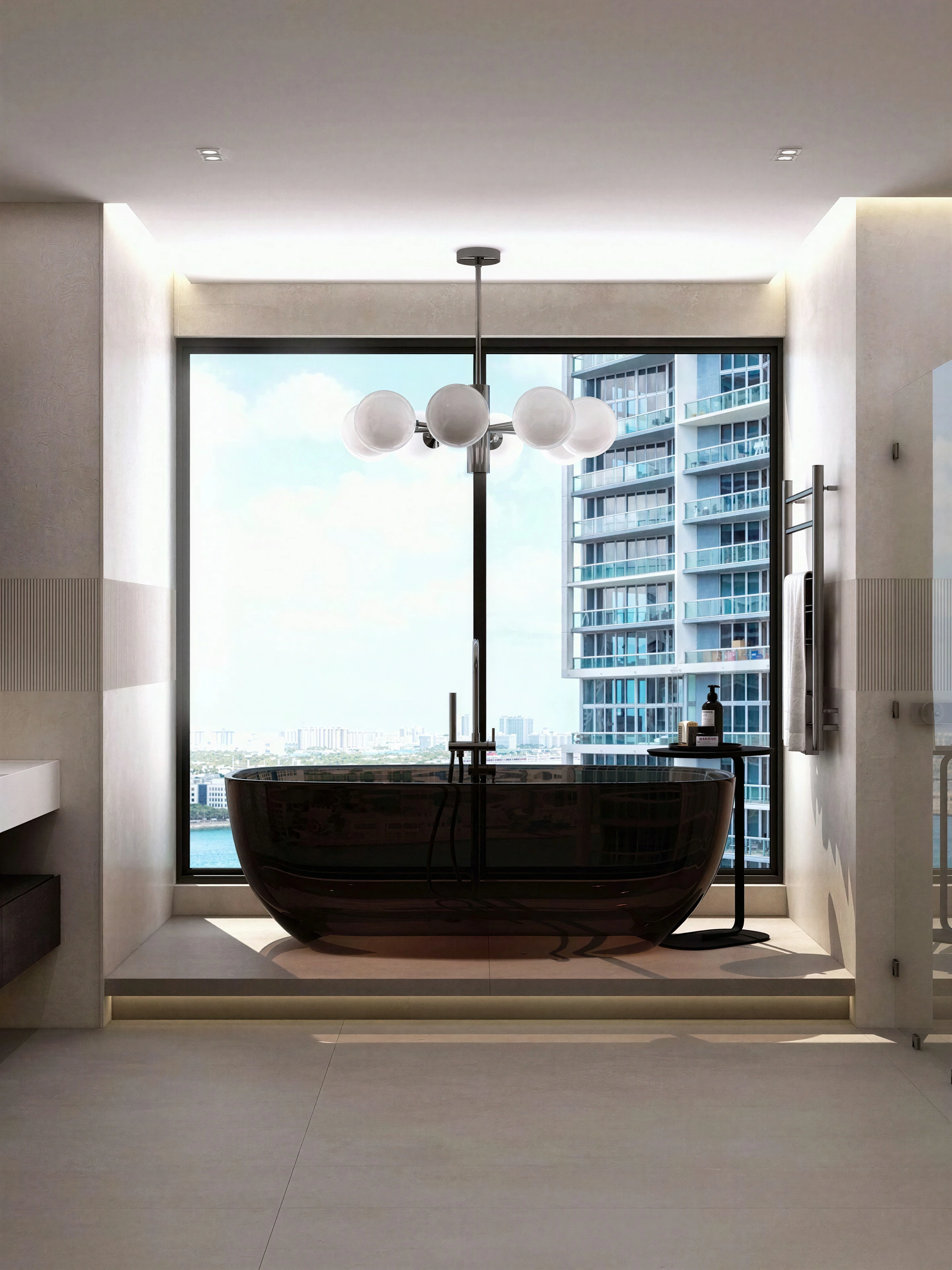 Freestanding tub centered in front of a large window.