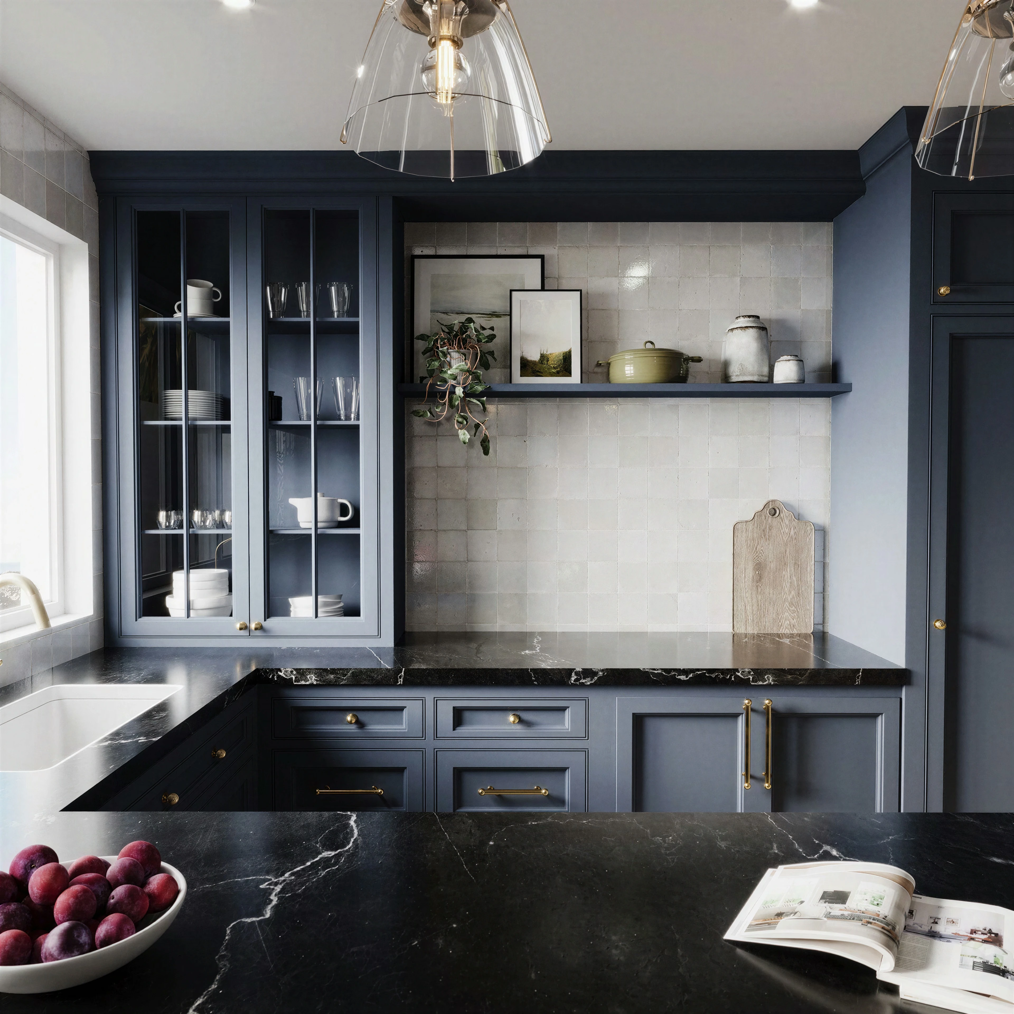 Kitchen work area with tall display cabinets and open shelves.
