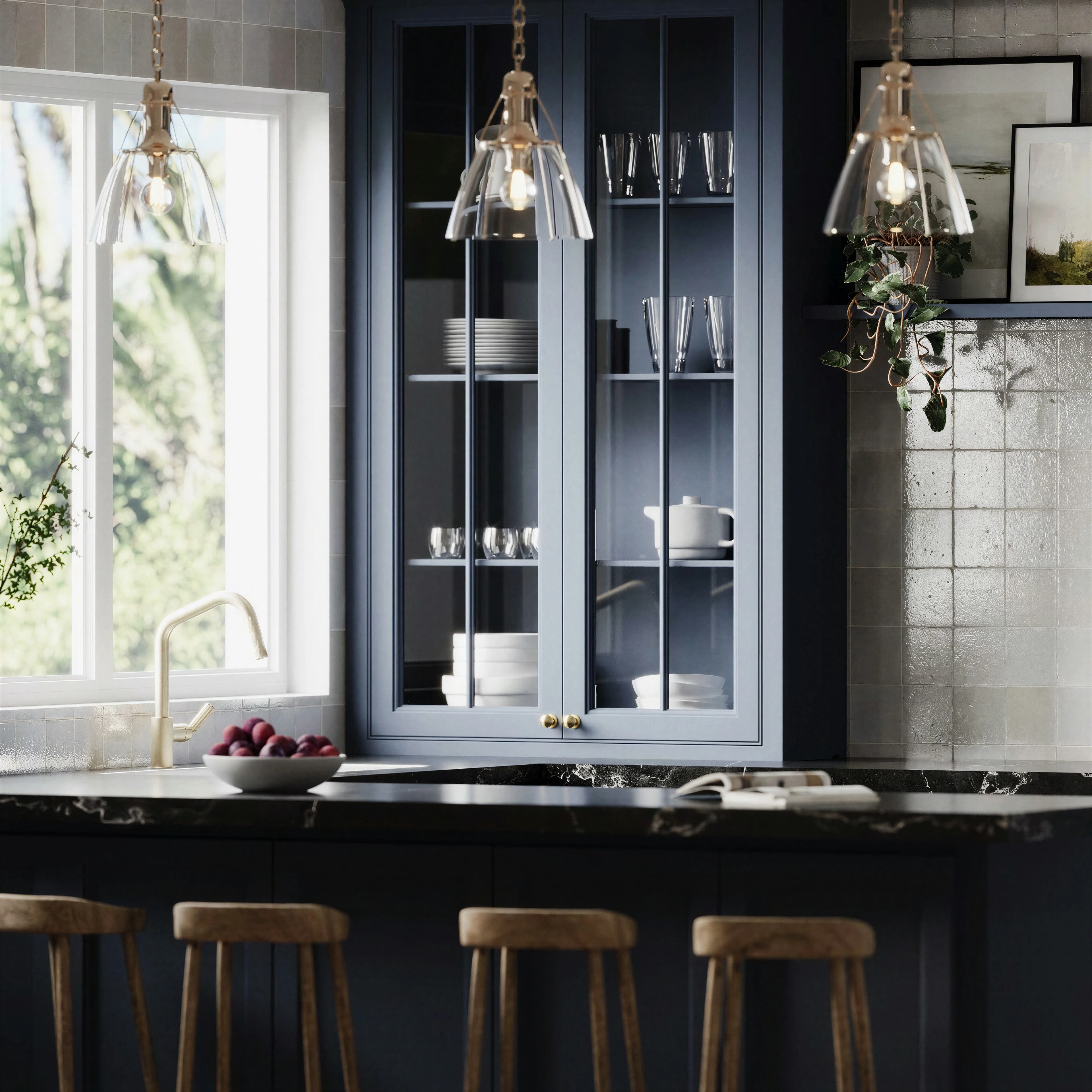 Detail of the kitchen display cabinet beside a large window.