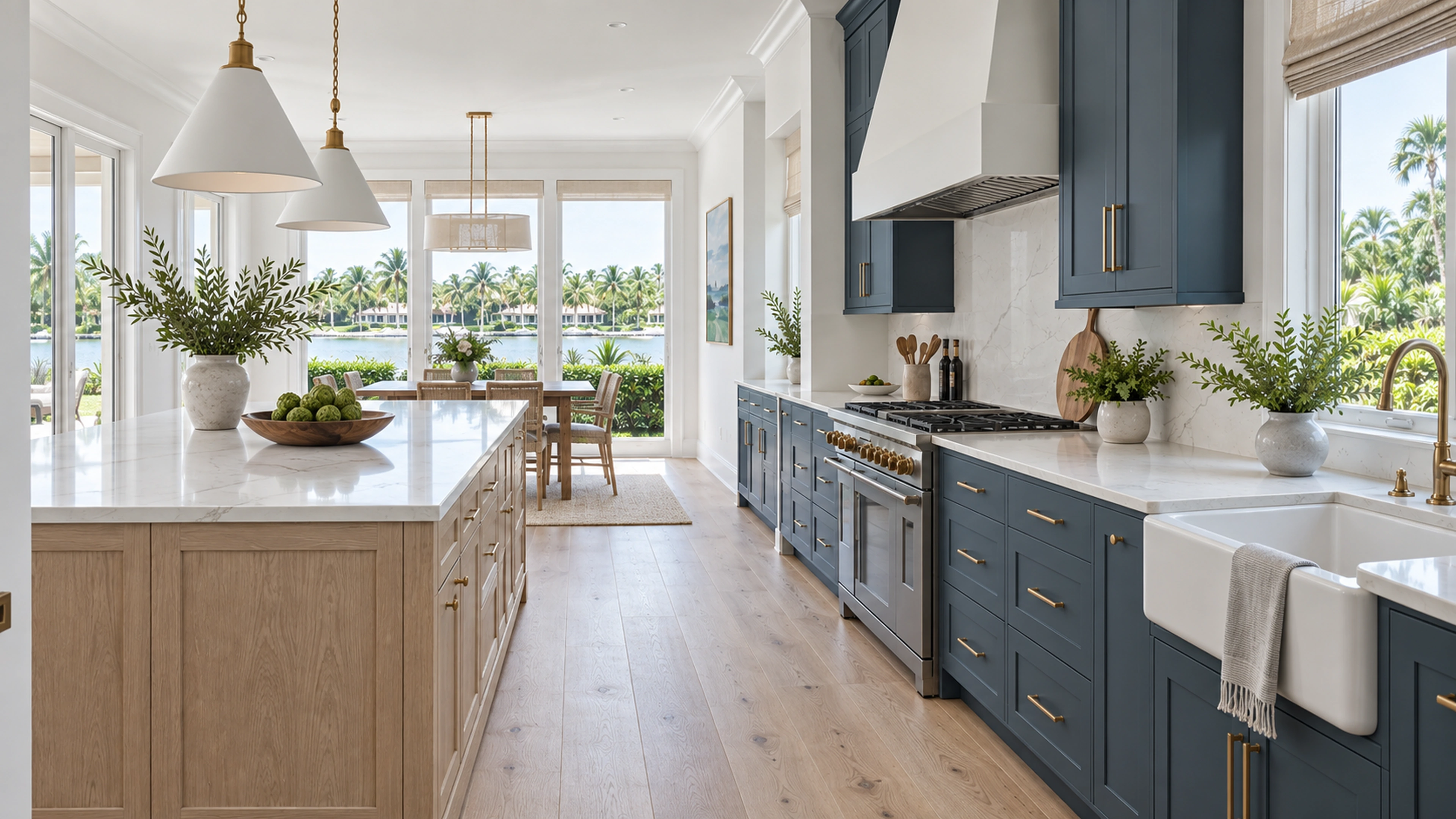 River Light Kitchen — a connected room; design-concept visualization.