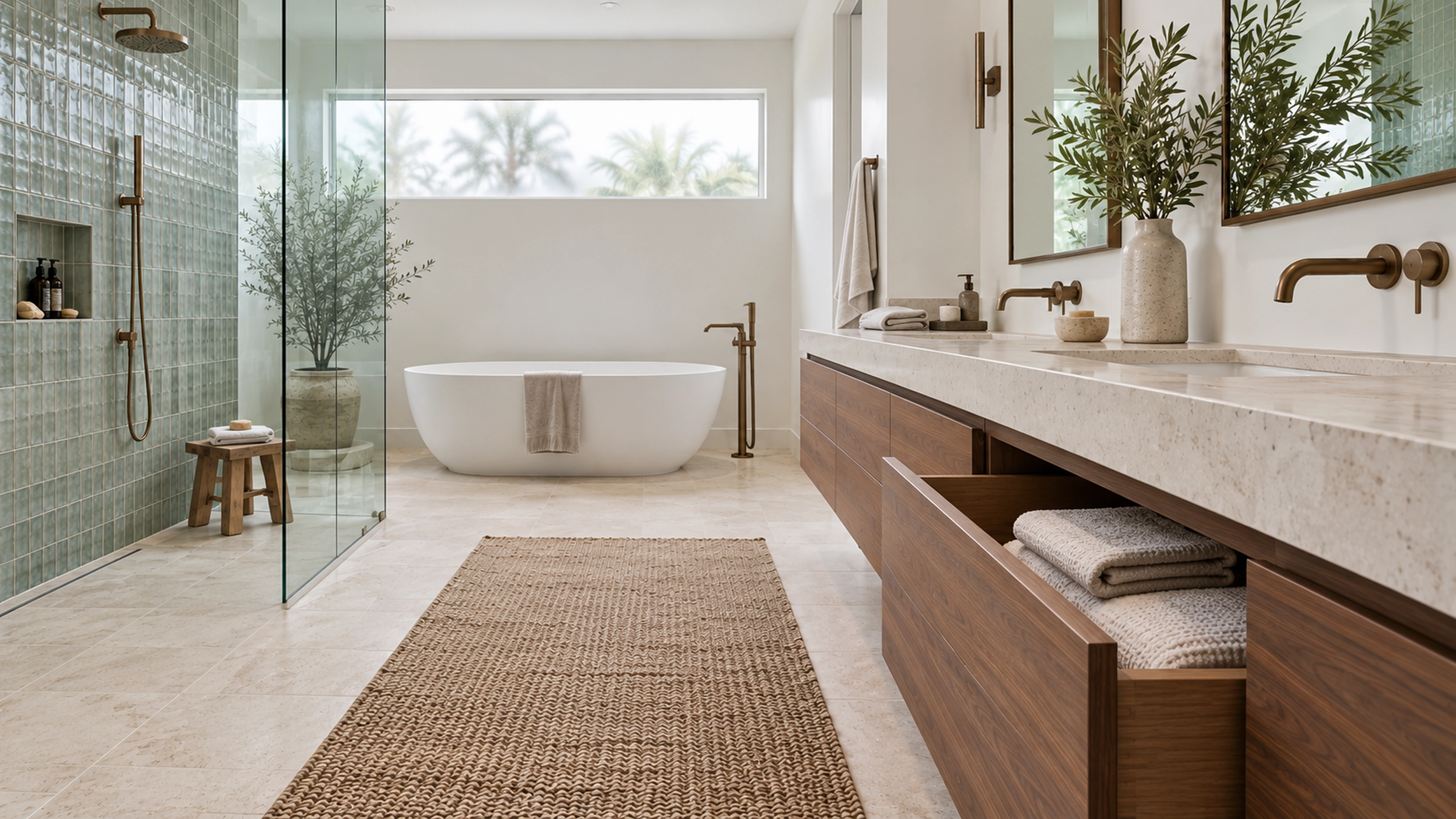 The Spa Bathroom — storage by the vanity; design-concept visualization.