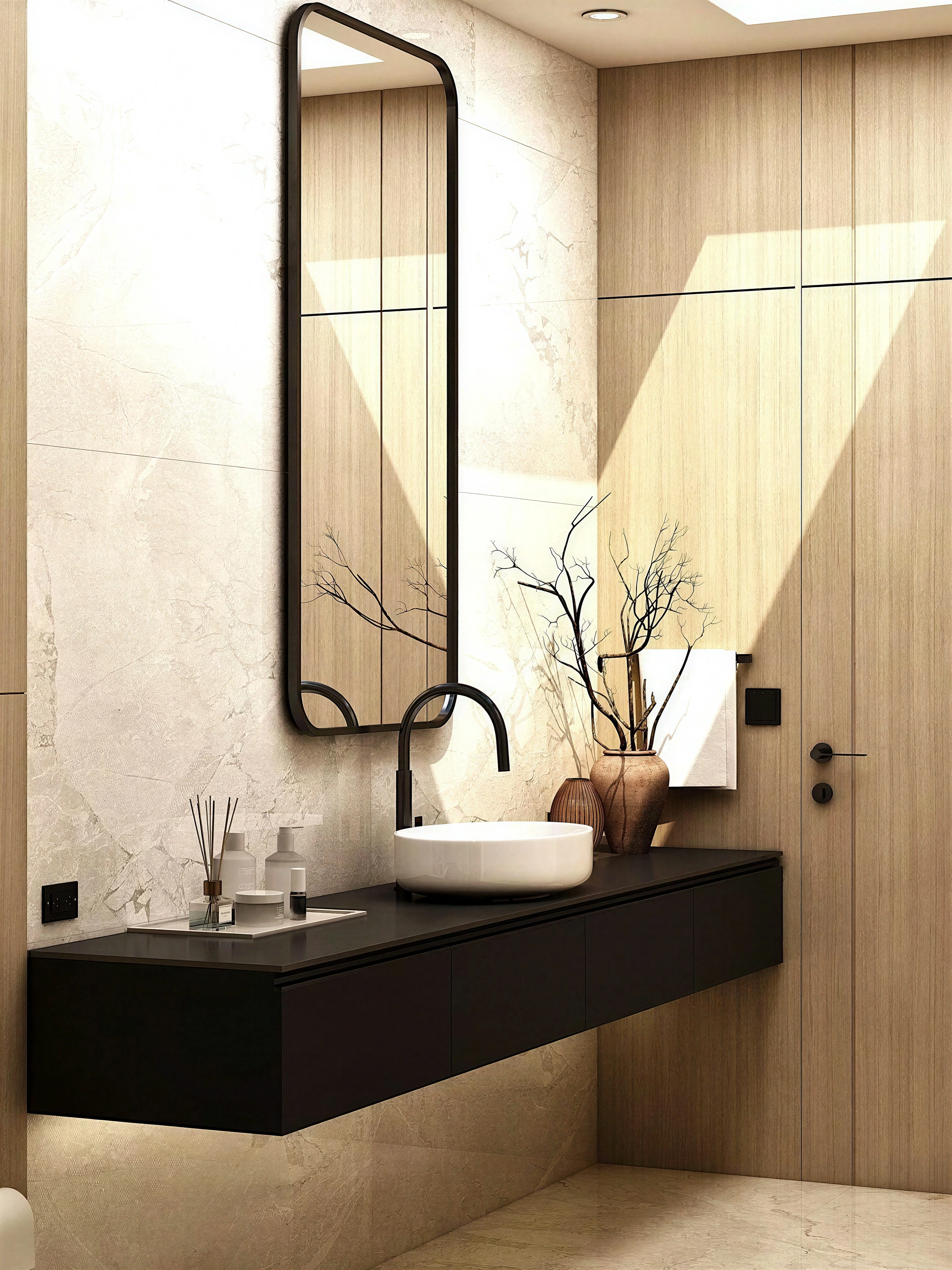 Corner view of the basin and floating vanity.