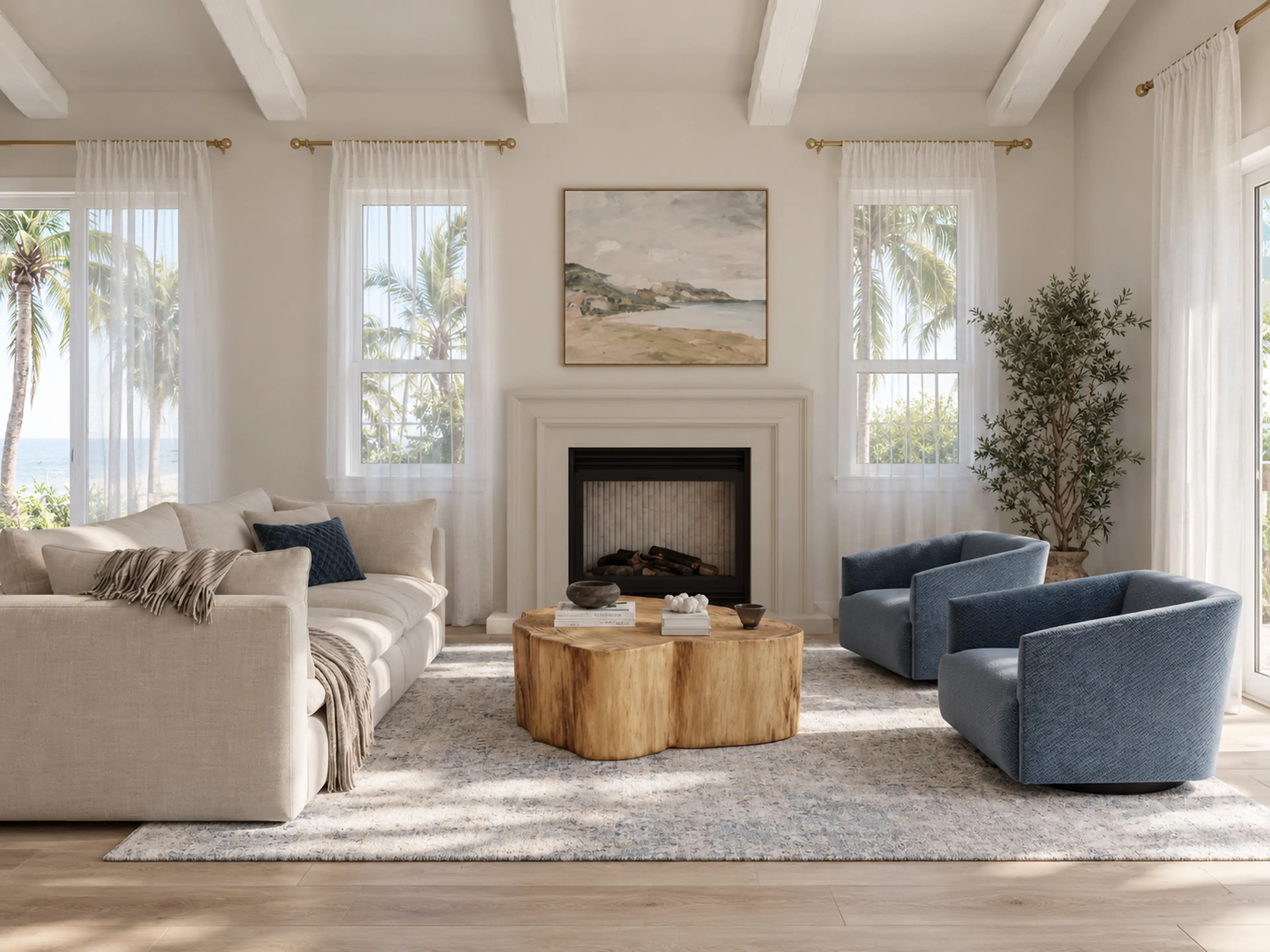 Photographic coastal living room with a centered fireplace and blue lounge chairs.