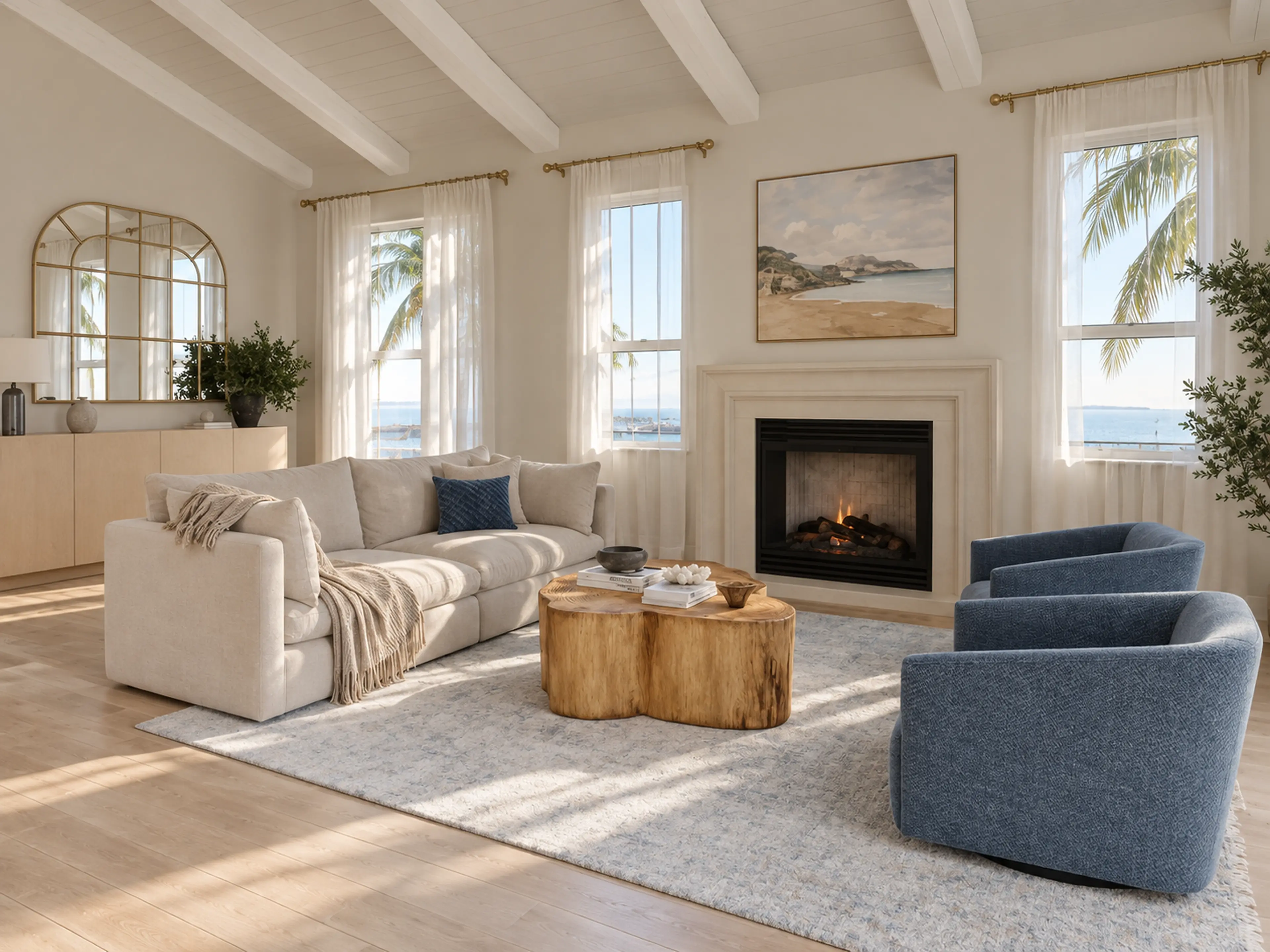 Photographic oblique living-room view with ocean windows and an arched brass mirror.
