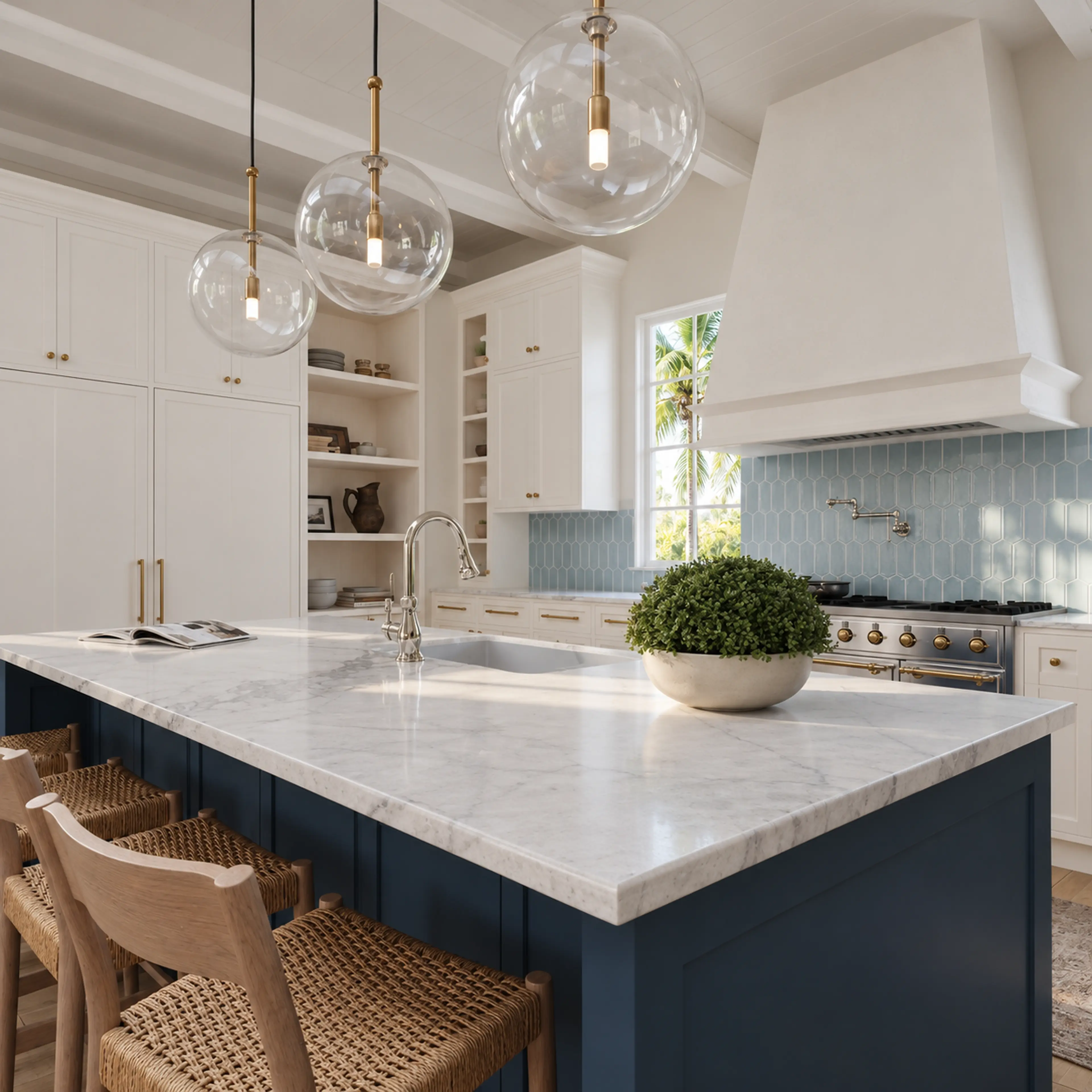 Photographic close view across a marble-topped navy kitchen island.