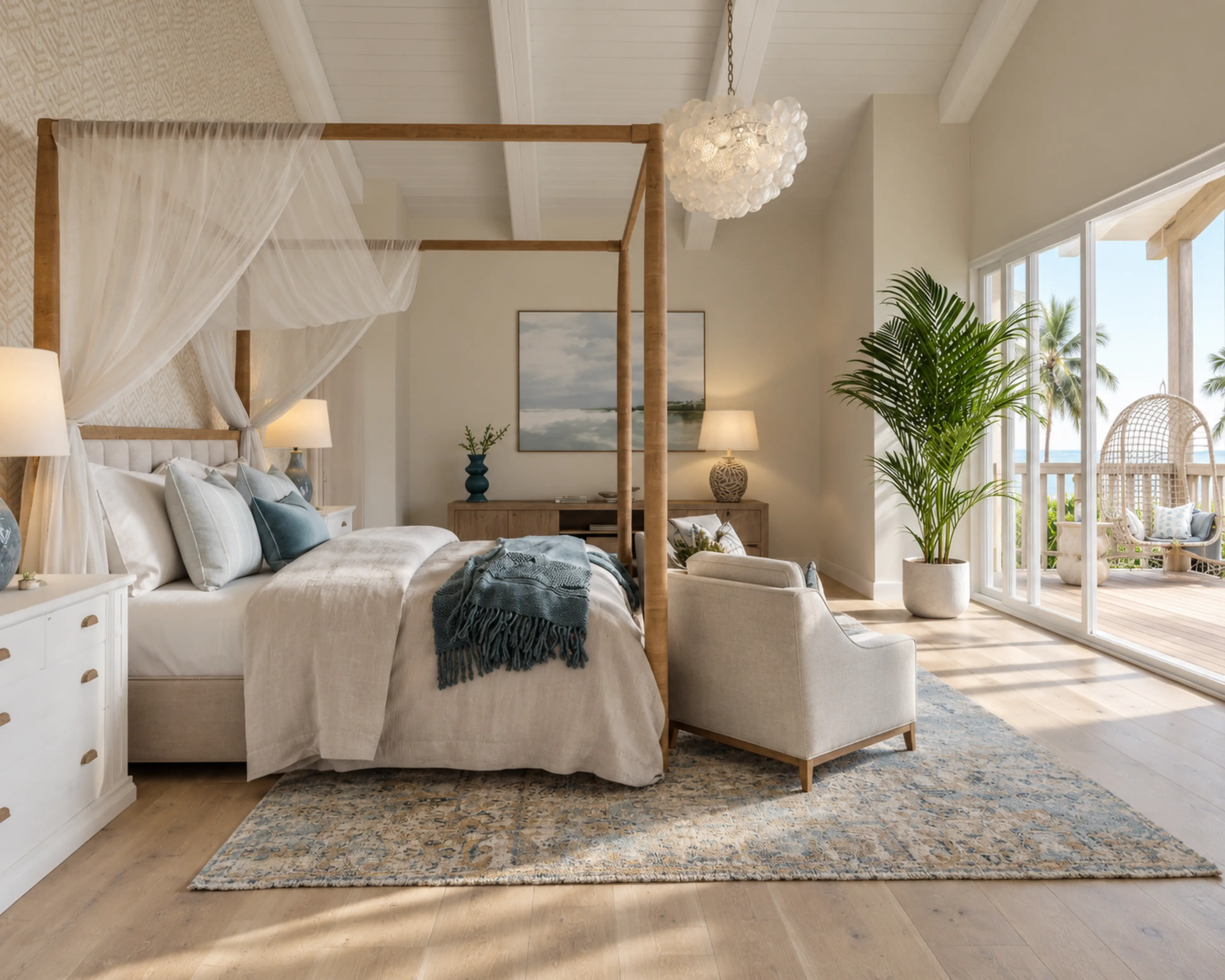 Photographic primary bedroom with a draped canopy bed and ocean-facing balcony.