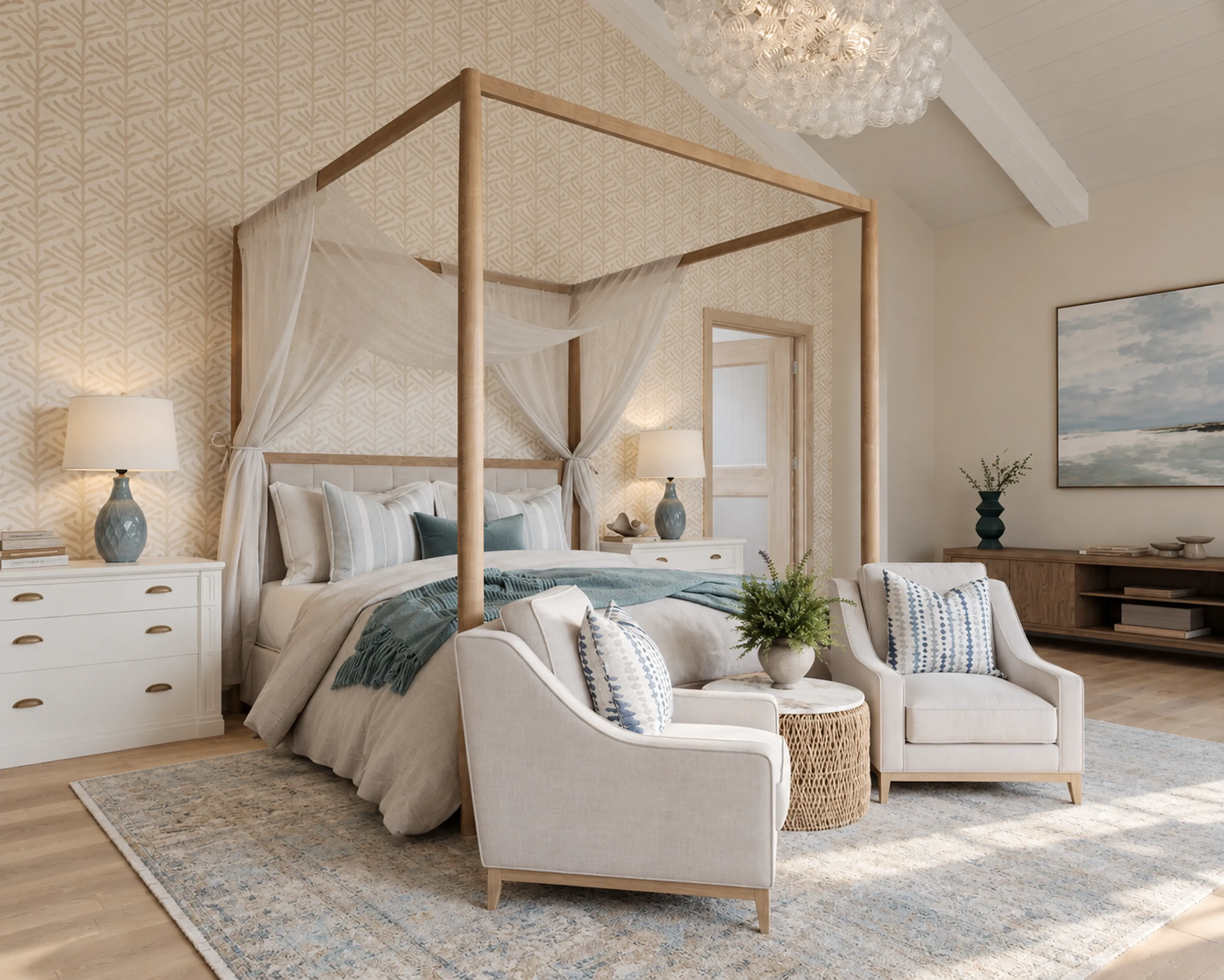 Photographic three-quarter primary bedroom with two upholstered lounge chairs.