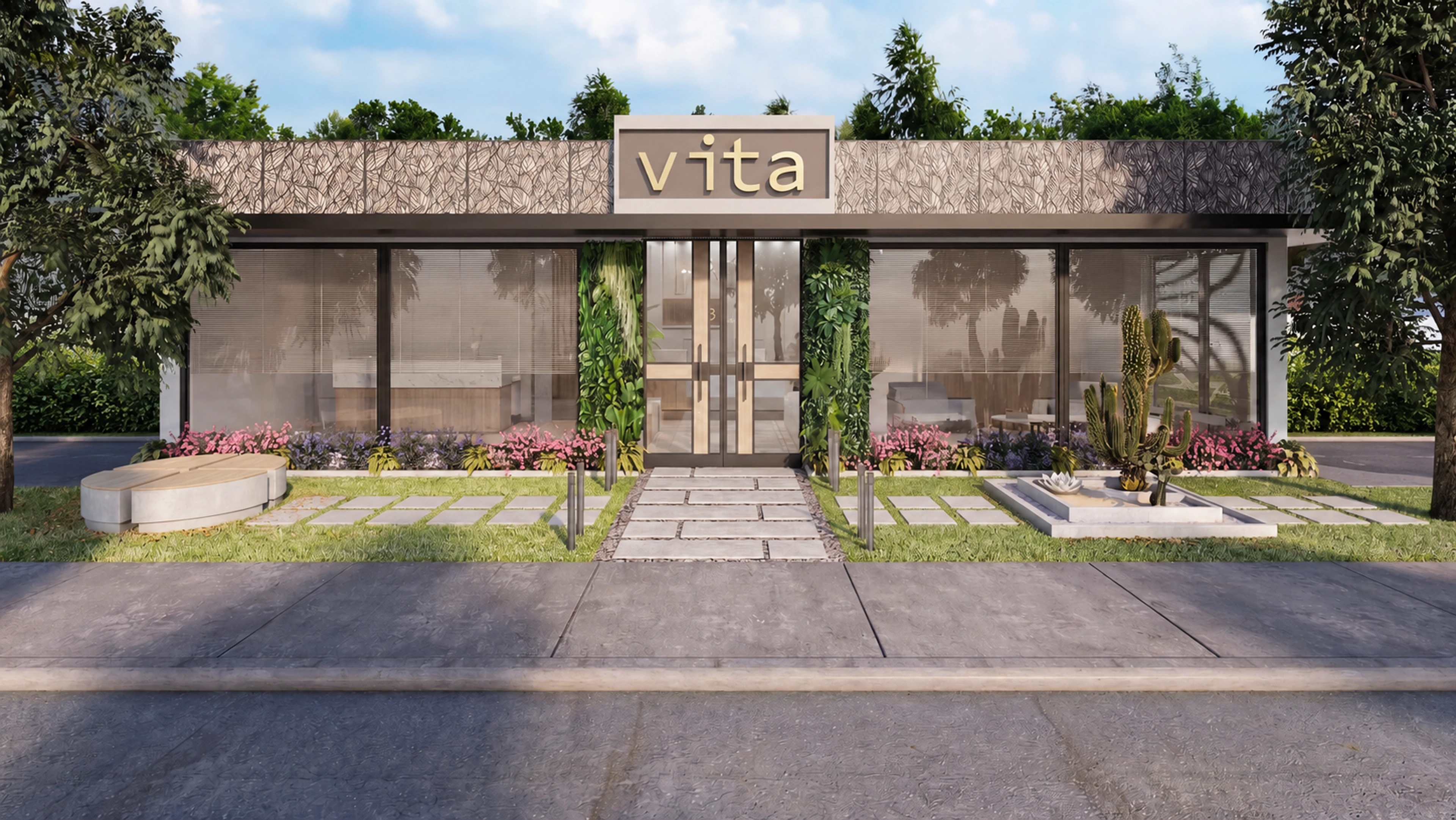 Wellness center exterior with a central glazed entrance.