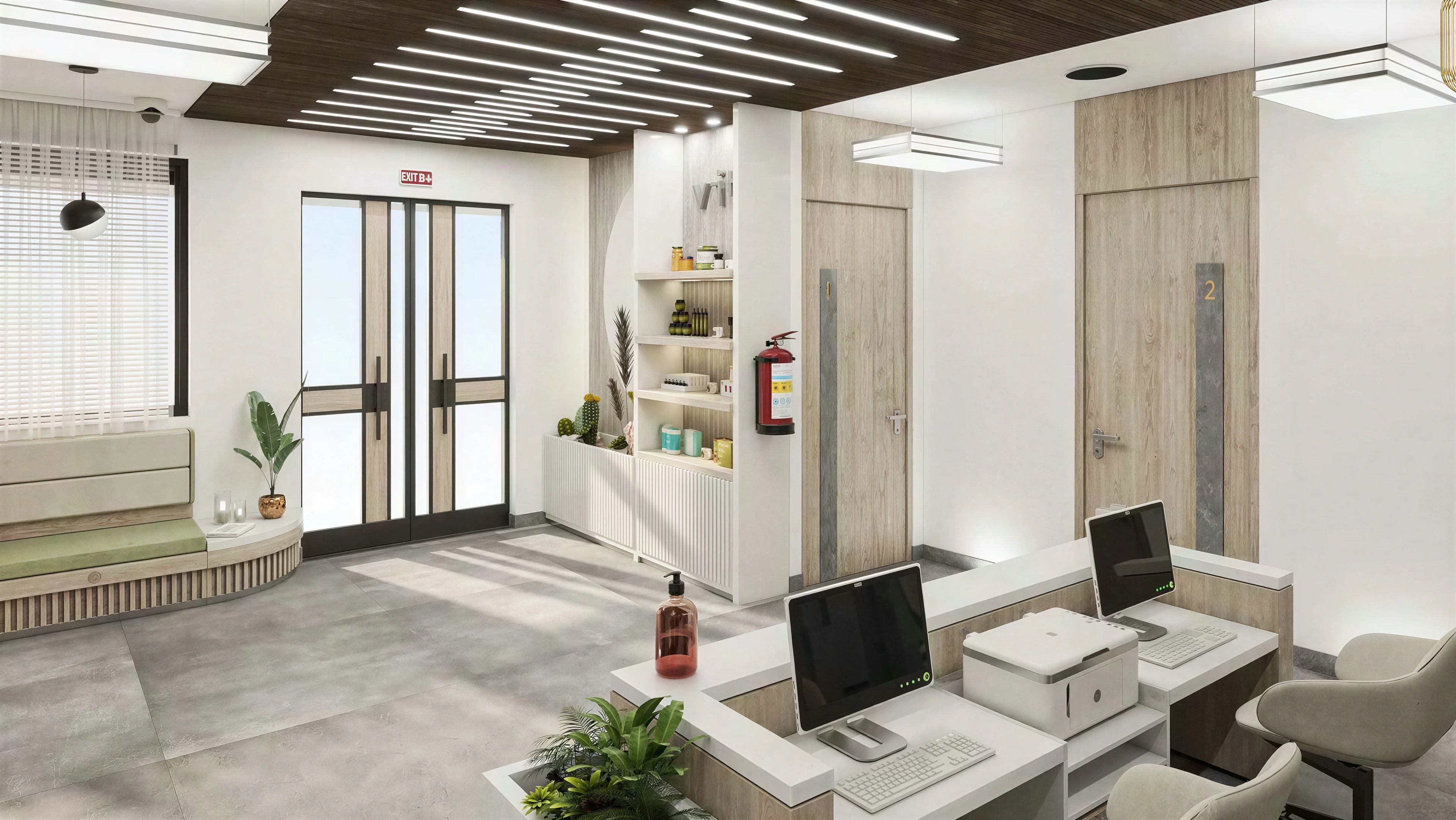 Reception seating and service desk beneath an open slatted ceiling.