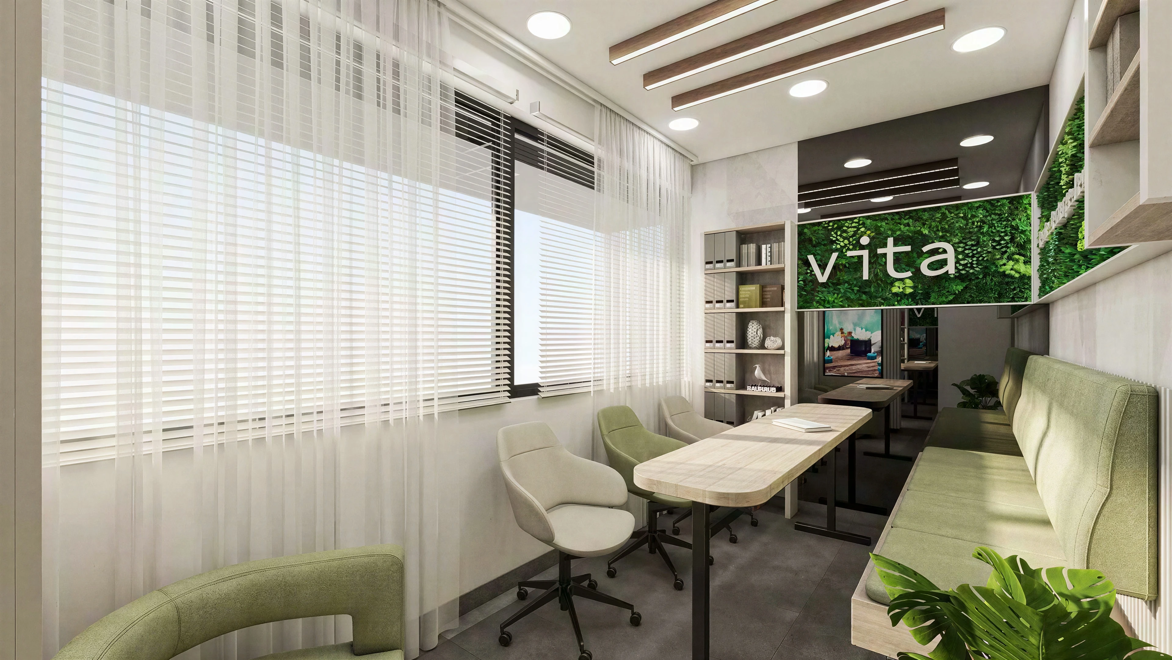 Wellness treatment stations beside a long window.