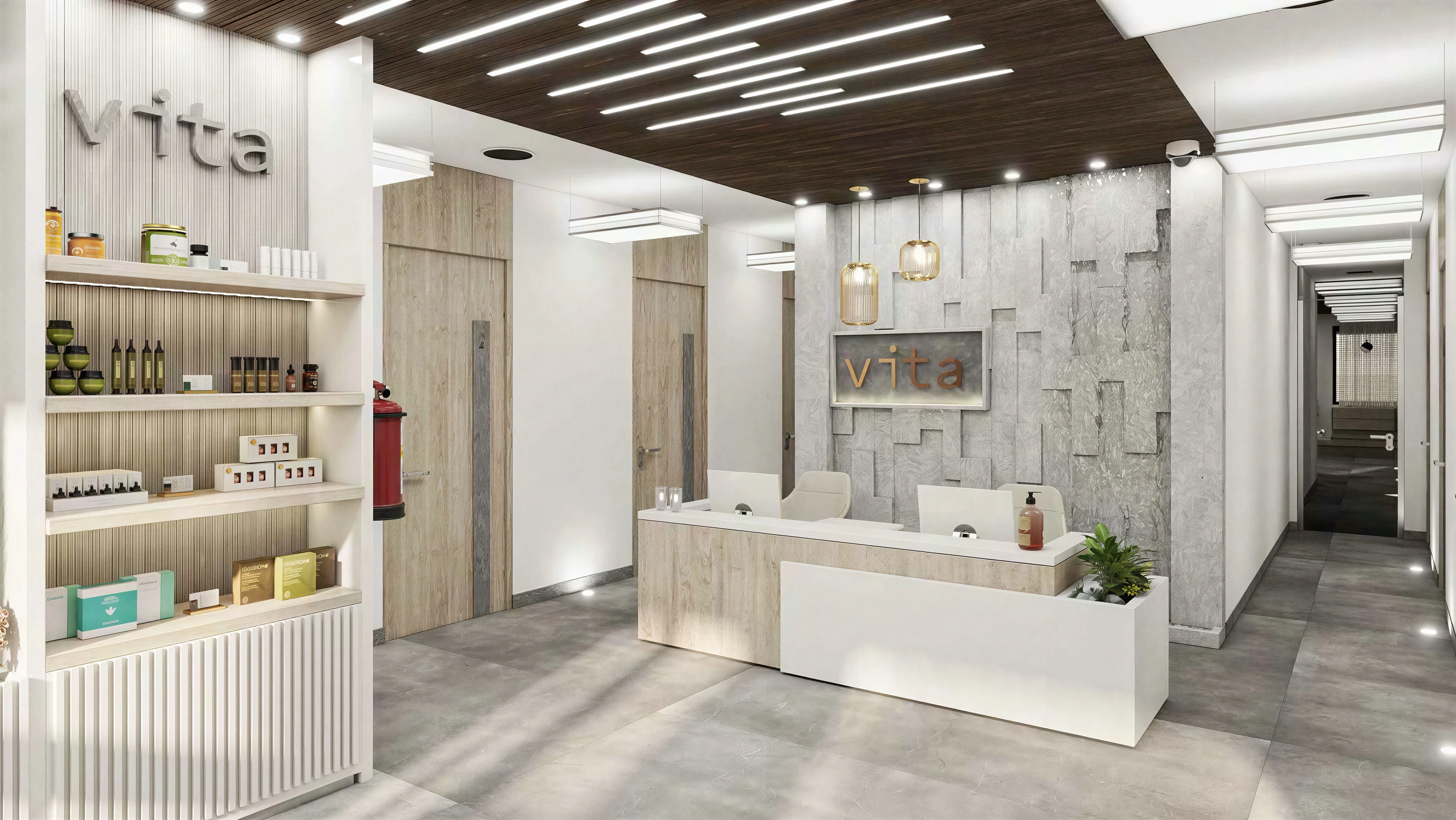 Wellness center reception with product shelving and a pale counter.