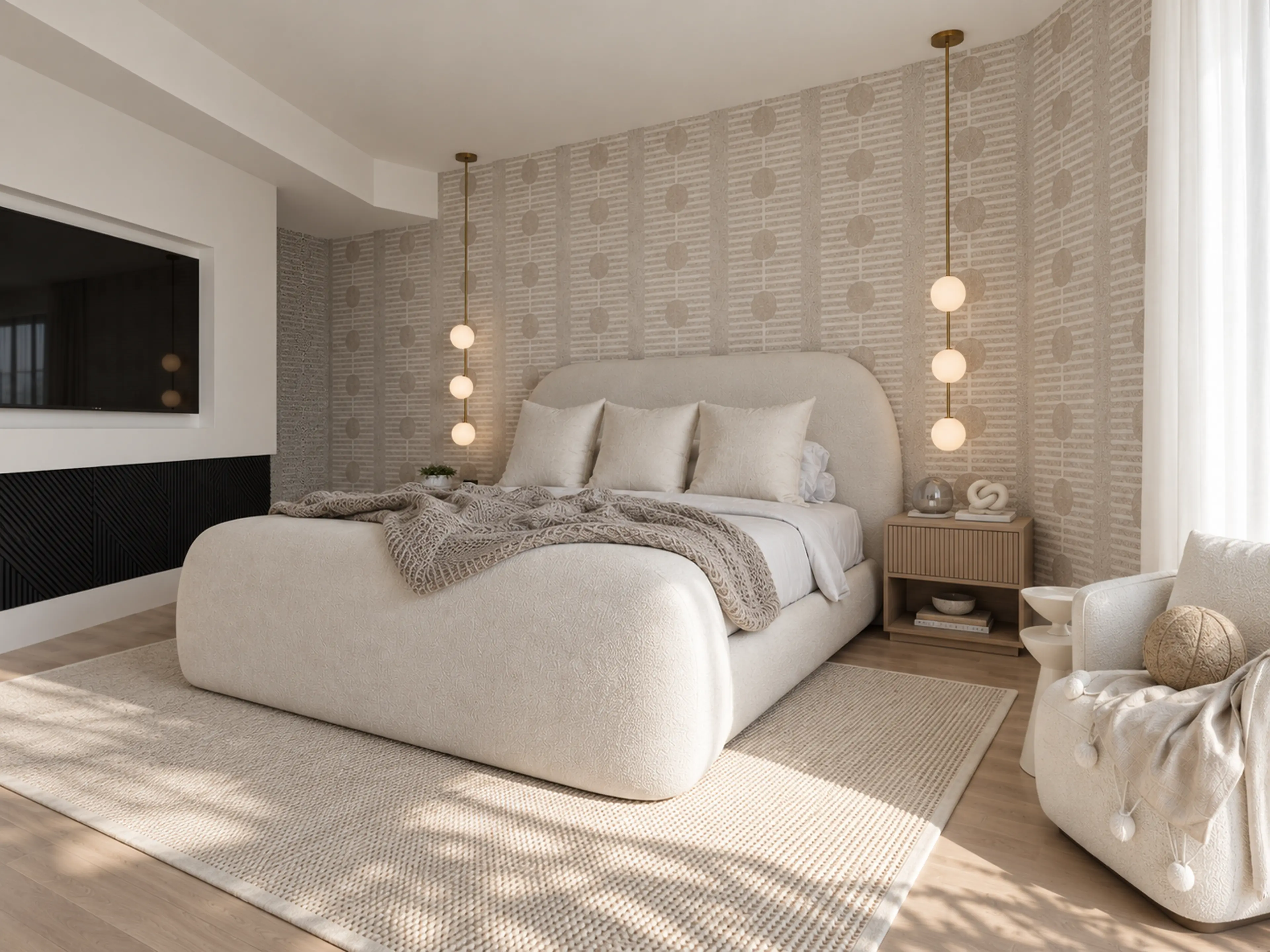 Supplemental diagonal view across the rounded bed toward its patterned wall and media panel.