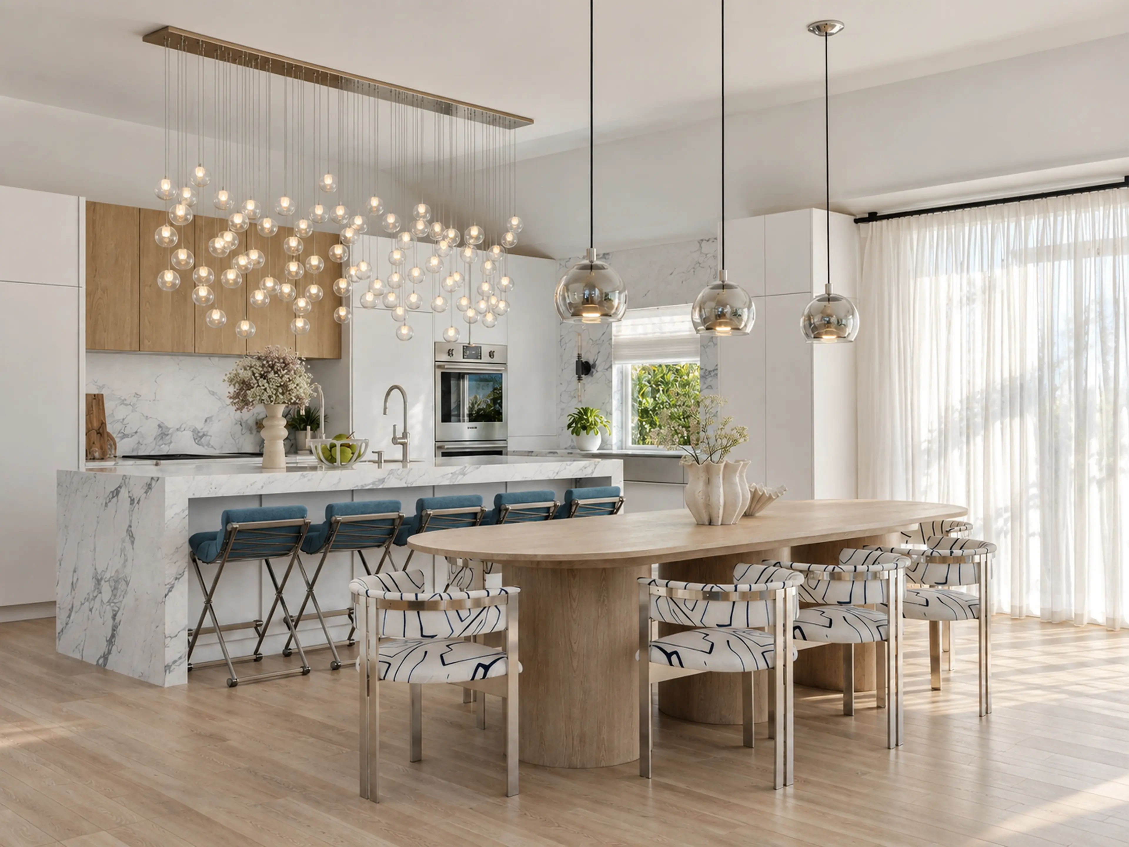 Photographic marble kitchen with pale-oak cabinetry, globe lighting and an oval dining table.