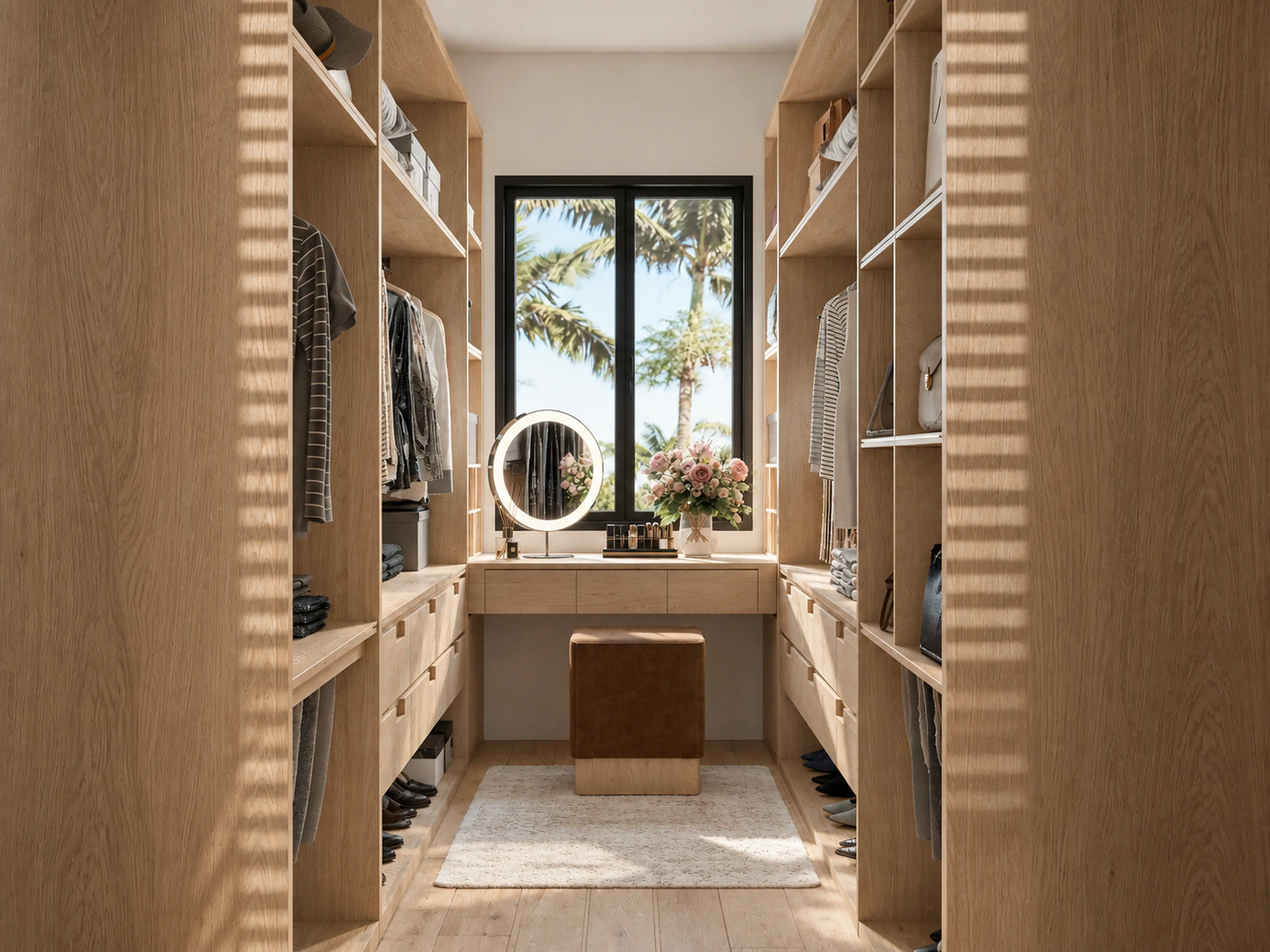Walk-in dressing area with open shelves and a vanity desk.