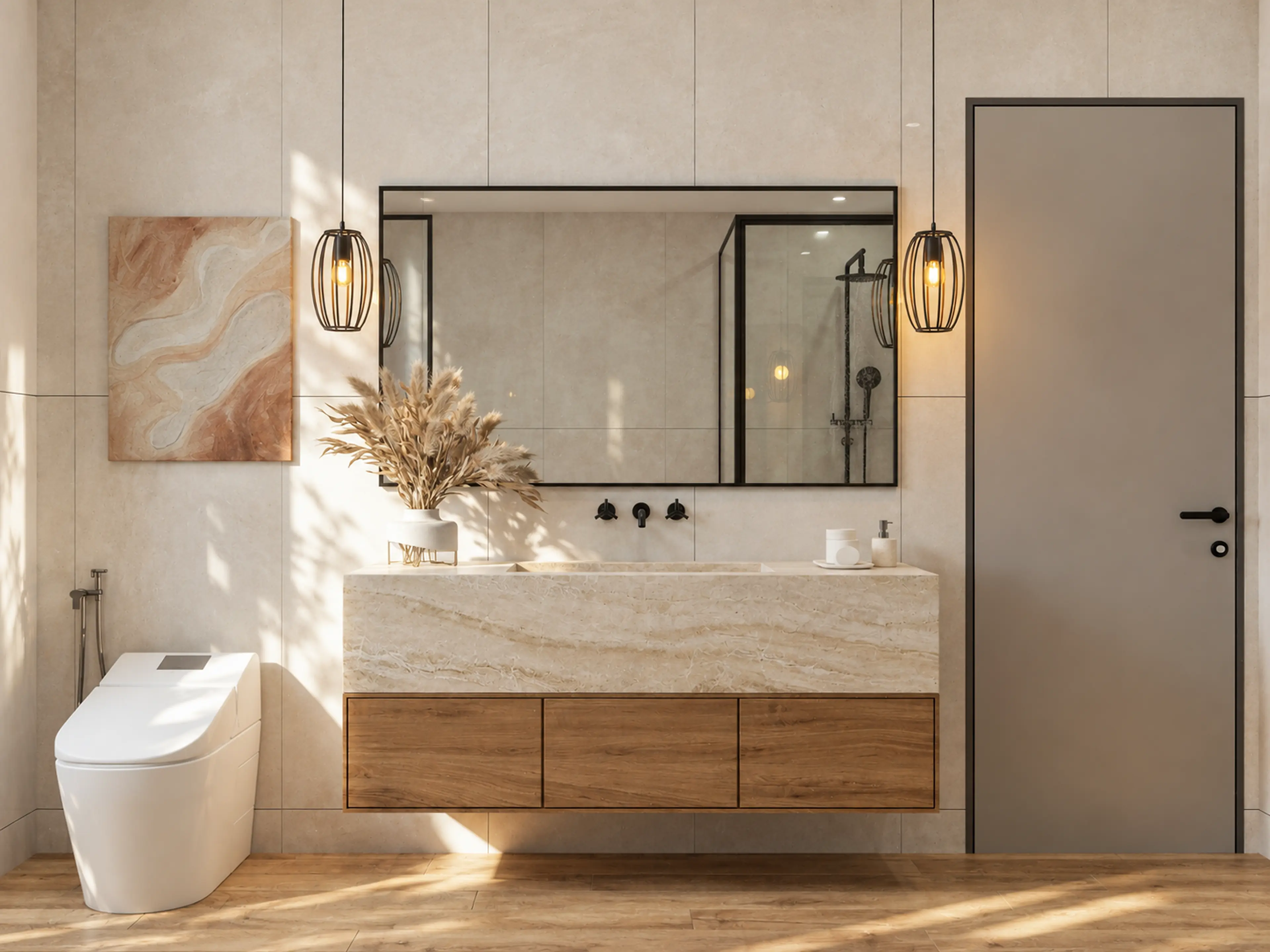 Photographic floating bathroom vanity with stone surfaces and black fixtures.