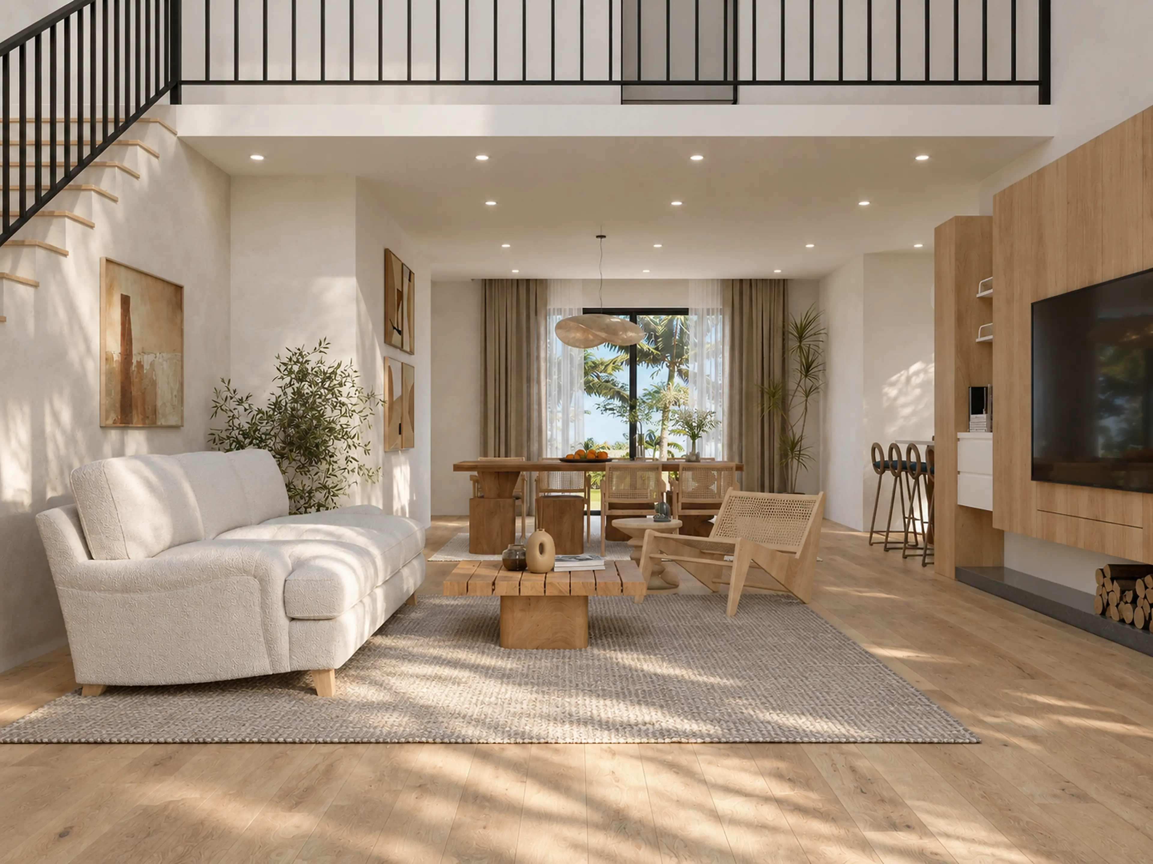 Double-height living room with a sofa and dining area beyond.