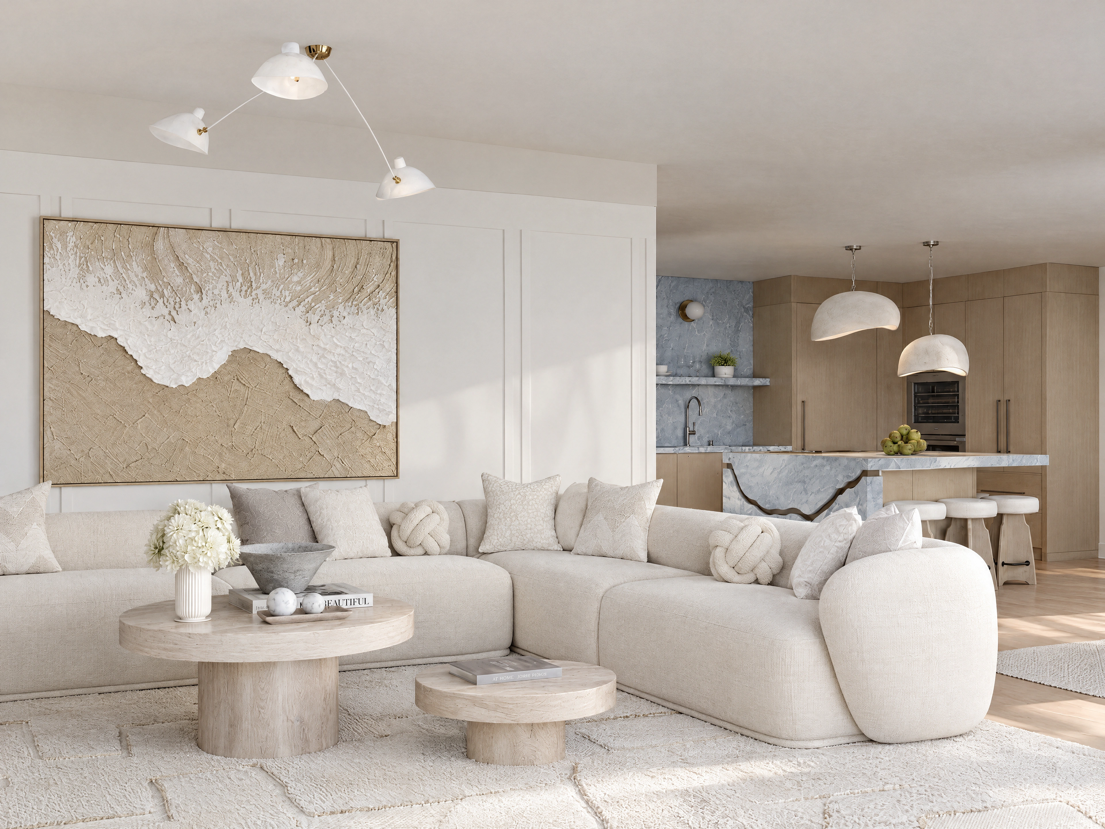 AI-enhanced project view — Living room with a textured feature wall and pale seating.