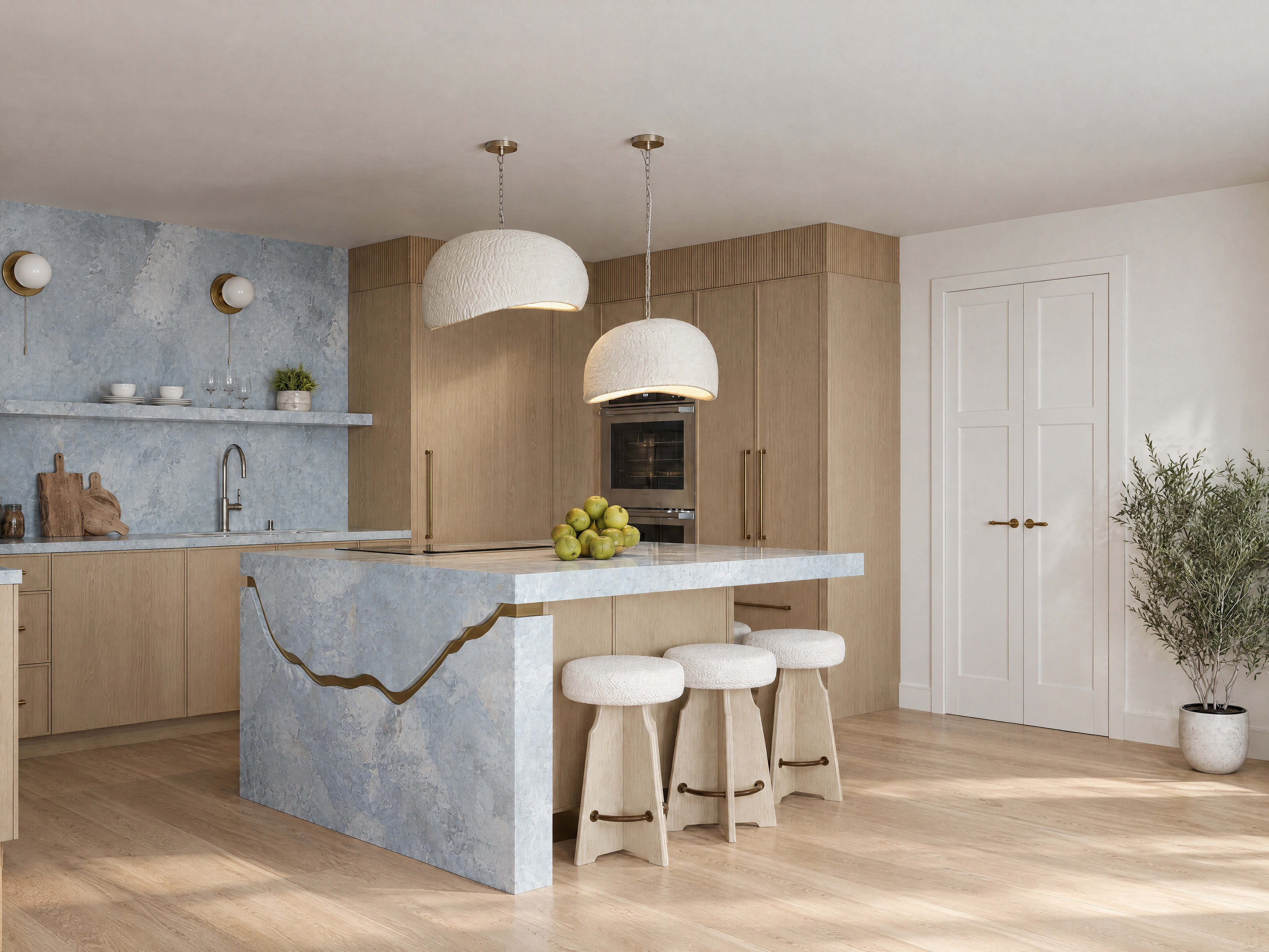 Kitchen island with wood cabinetry and pendant lights.