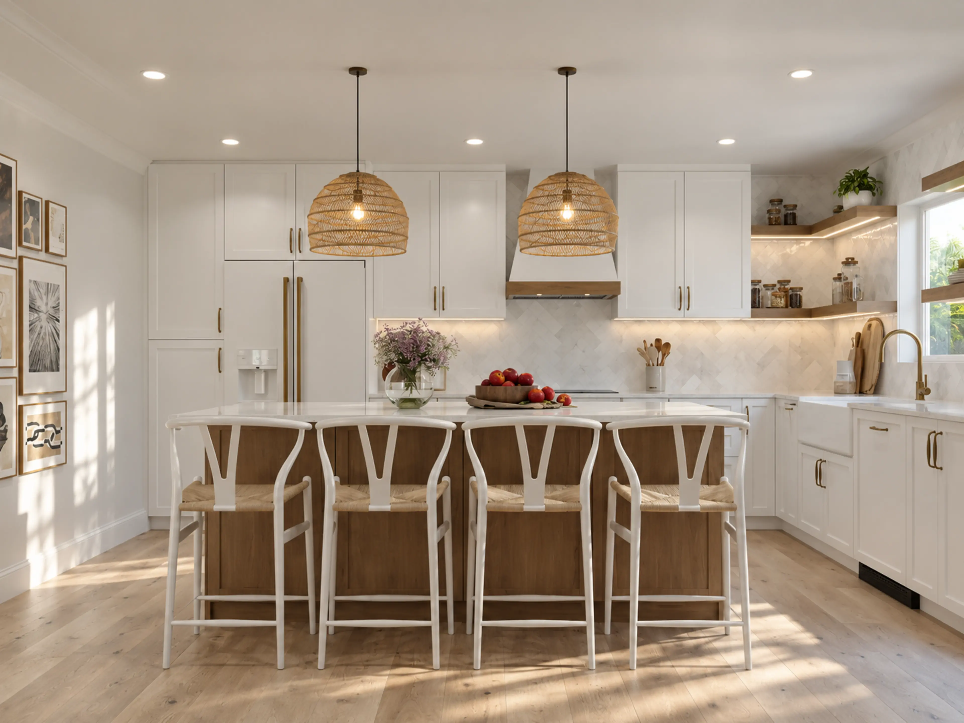 Woven pendant lights above the kitchen island at Royal Oak Hills.