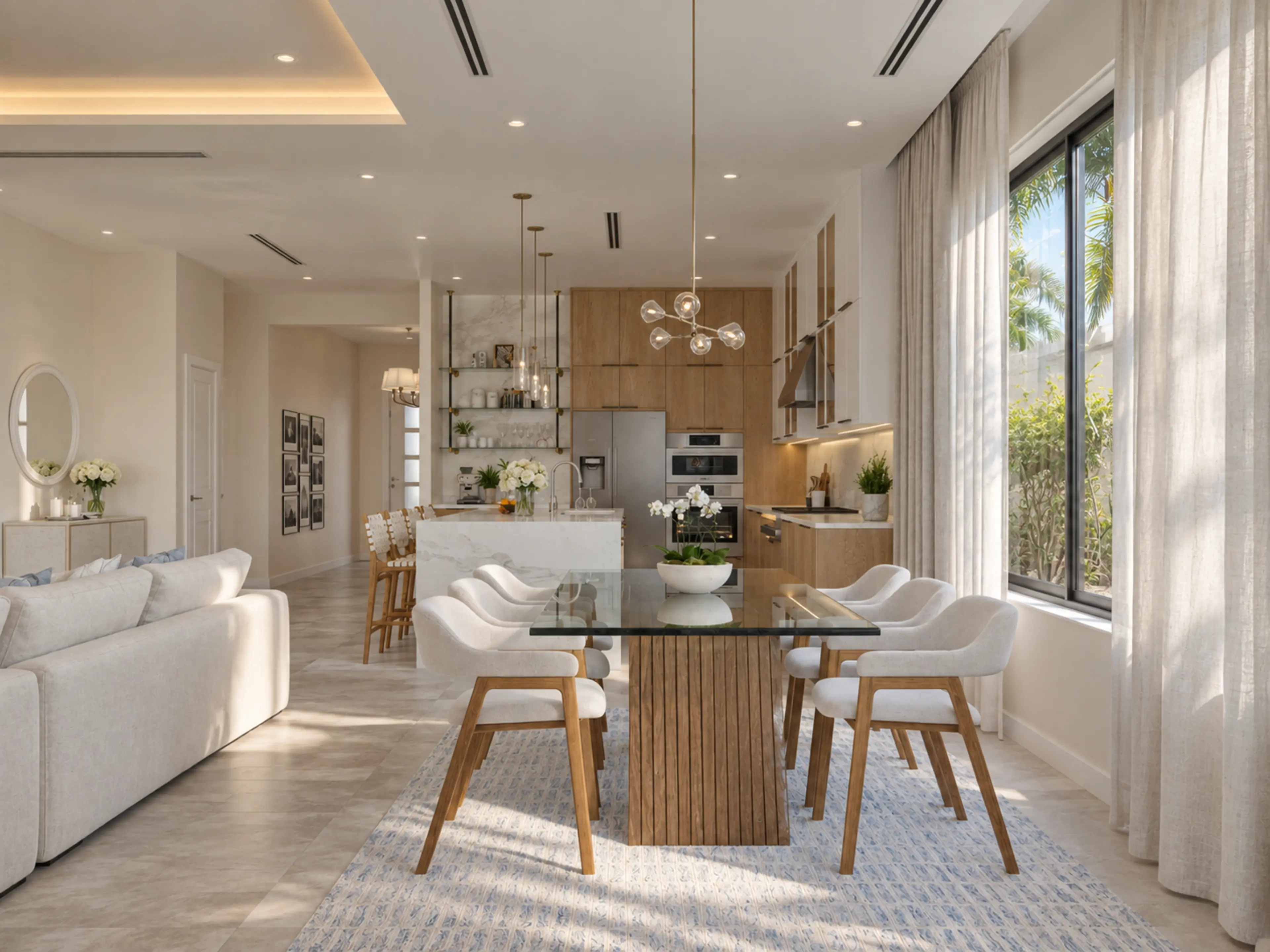 Dining table connecting the kitchen and living areas.