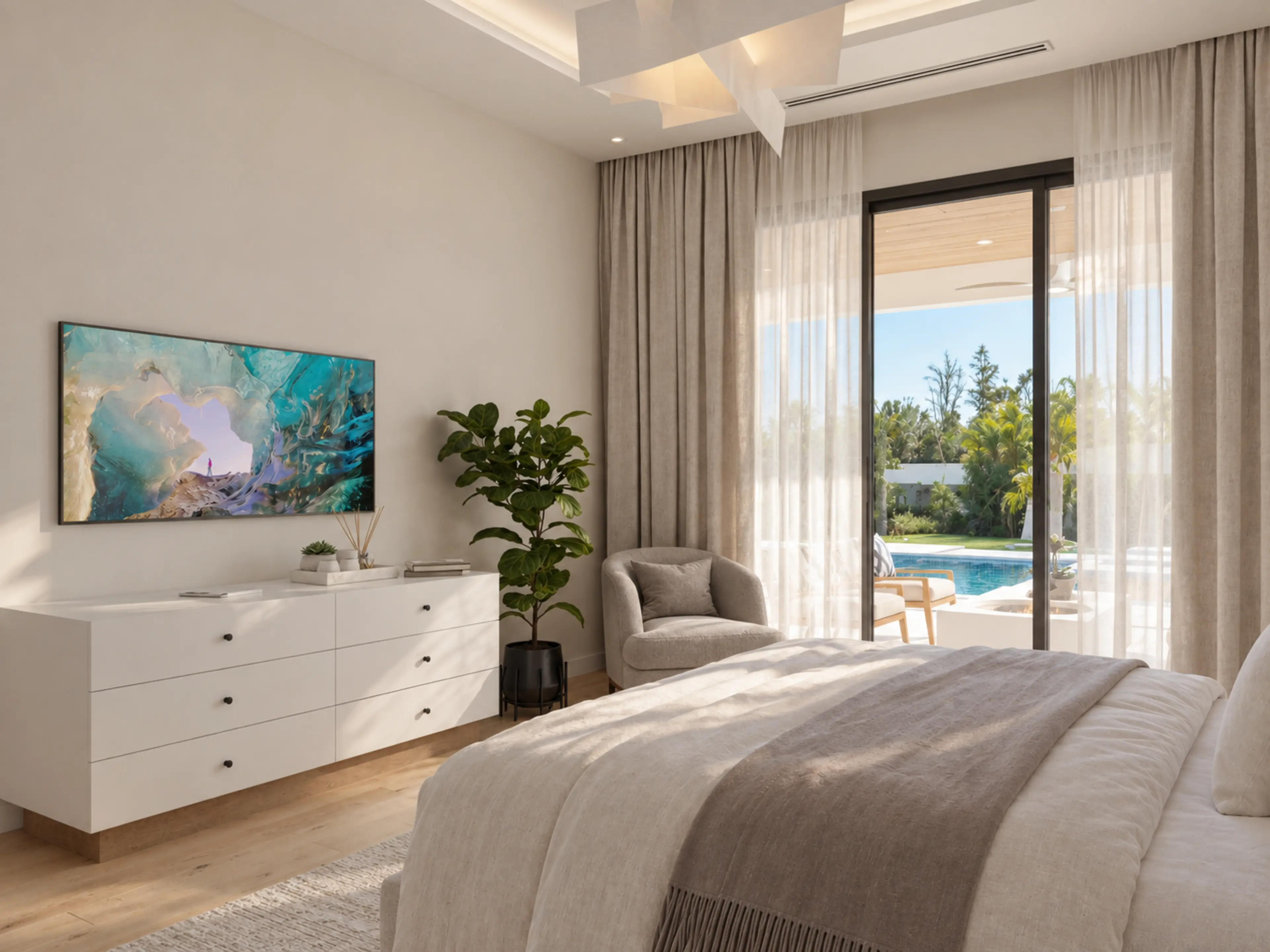 Bedroom with a low dresser and sliding glass doors.