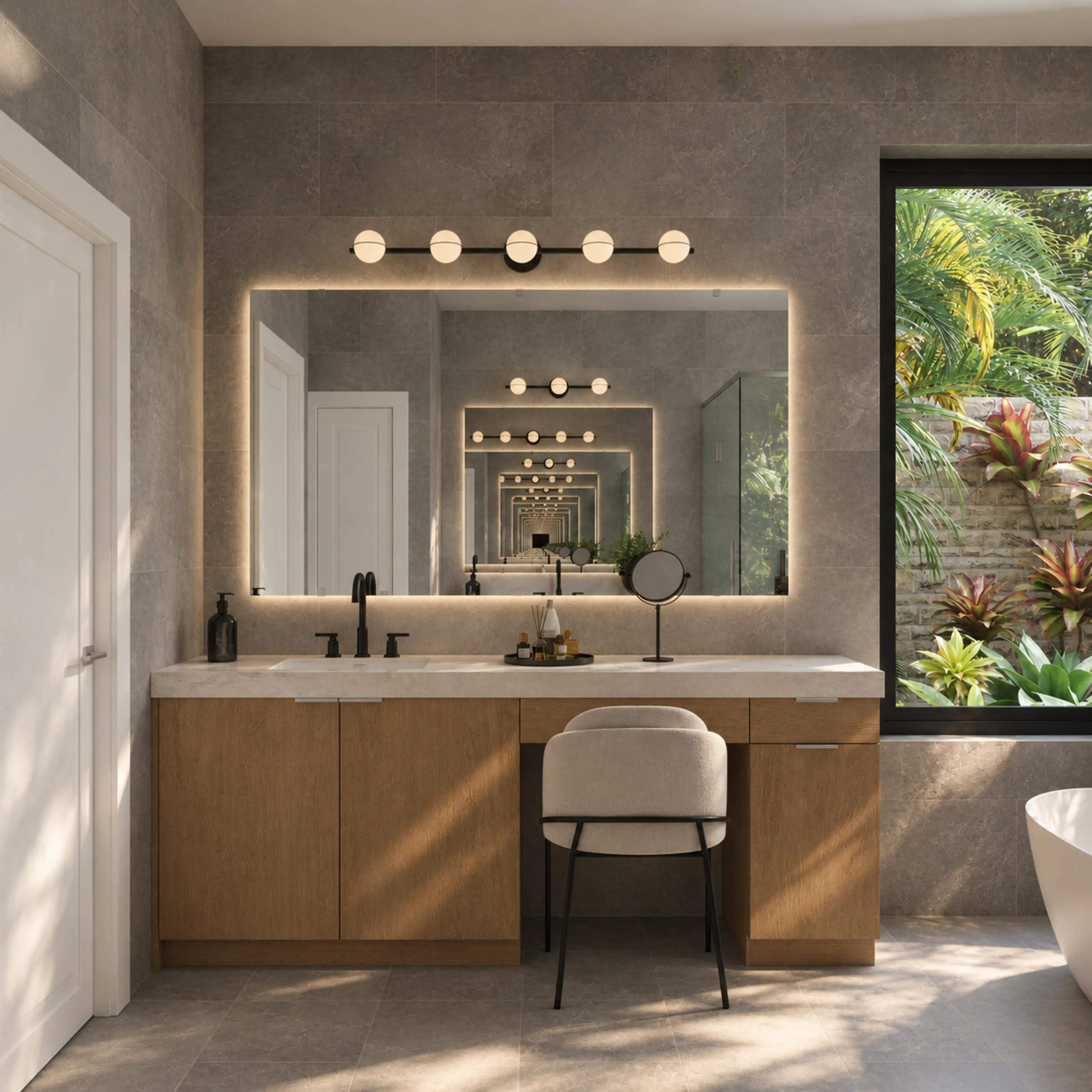 Dressing vanity with an illuminated mirror and wood cabinetry.