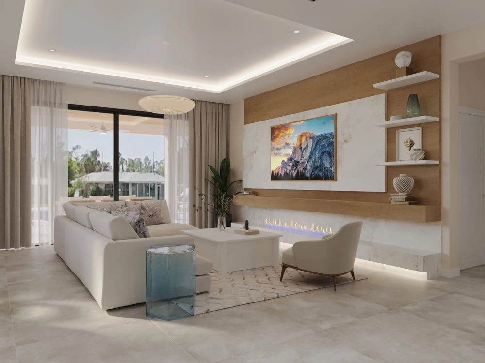 Project rendering: living room with a linear fireplace and illuminated display shelves.