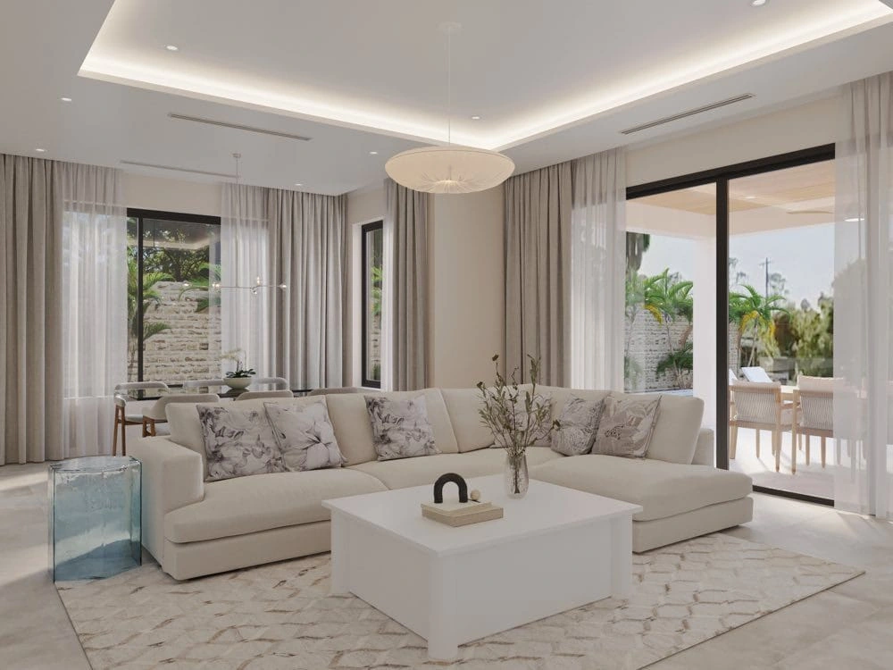 Project rendering: sectional seating between garden-facing windows and sliding doors.