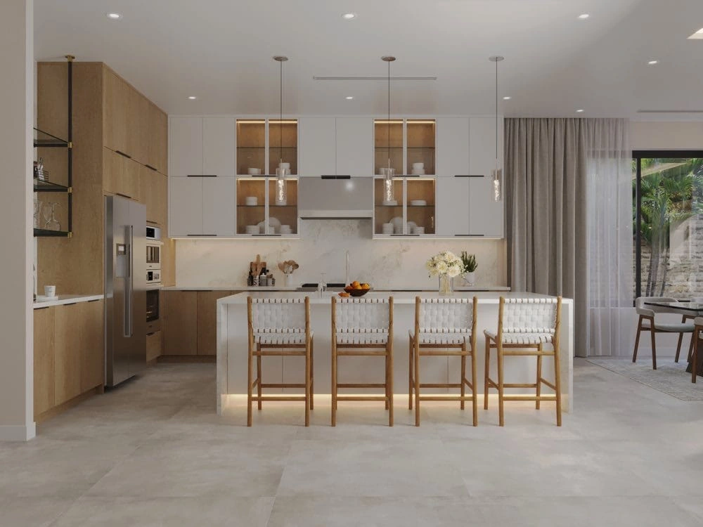 Project rendering: kitchen island with woven stools and glazed upper cabinets.