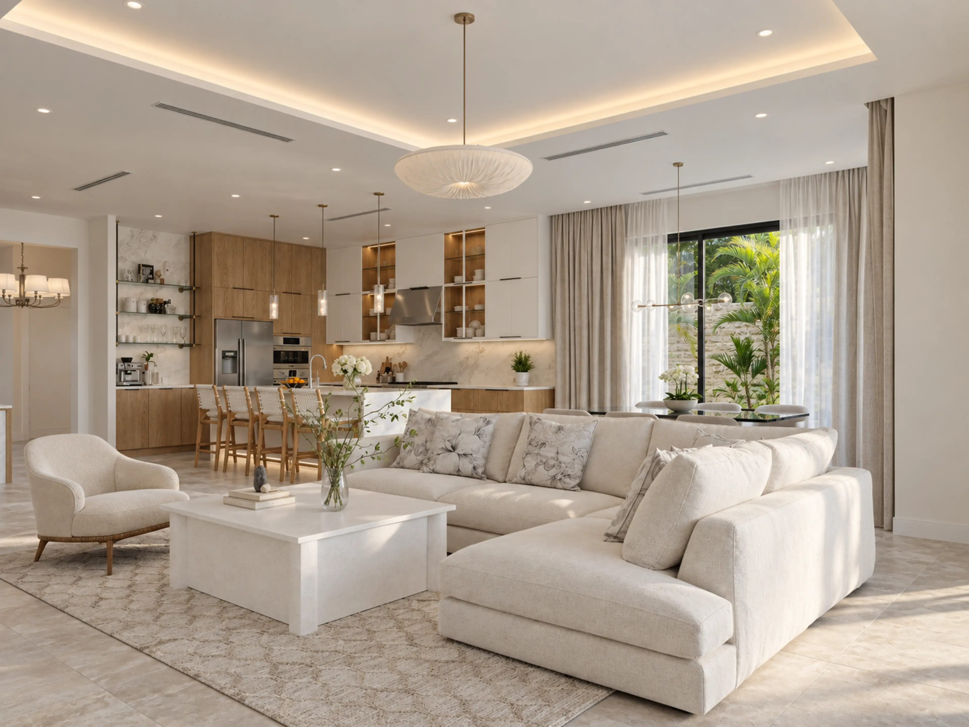 Photographic open living room with a white sectional and dining area beyond.
