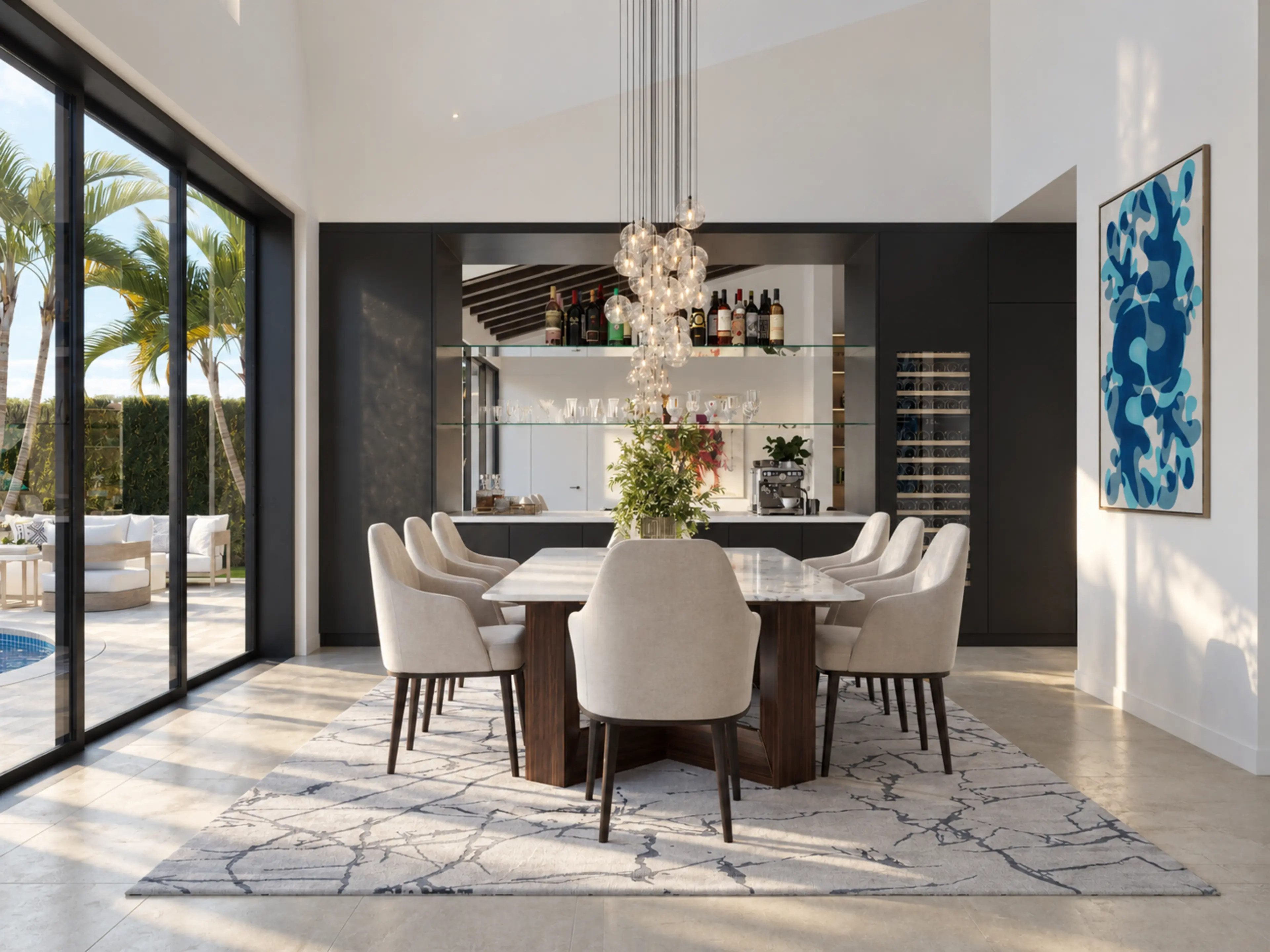 Dining table beside full-height sliding glass doors.