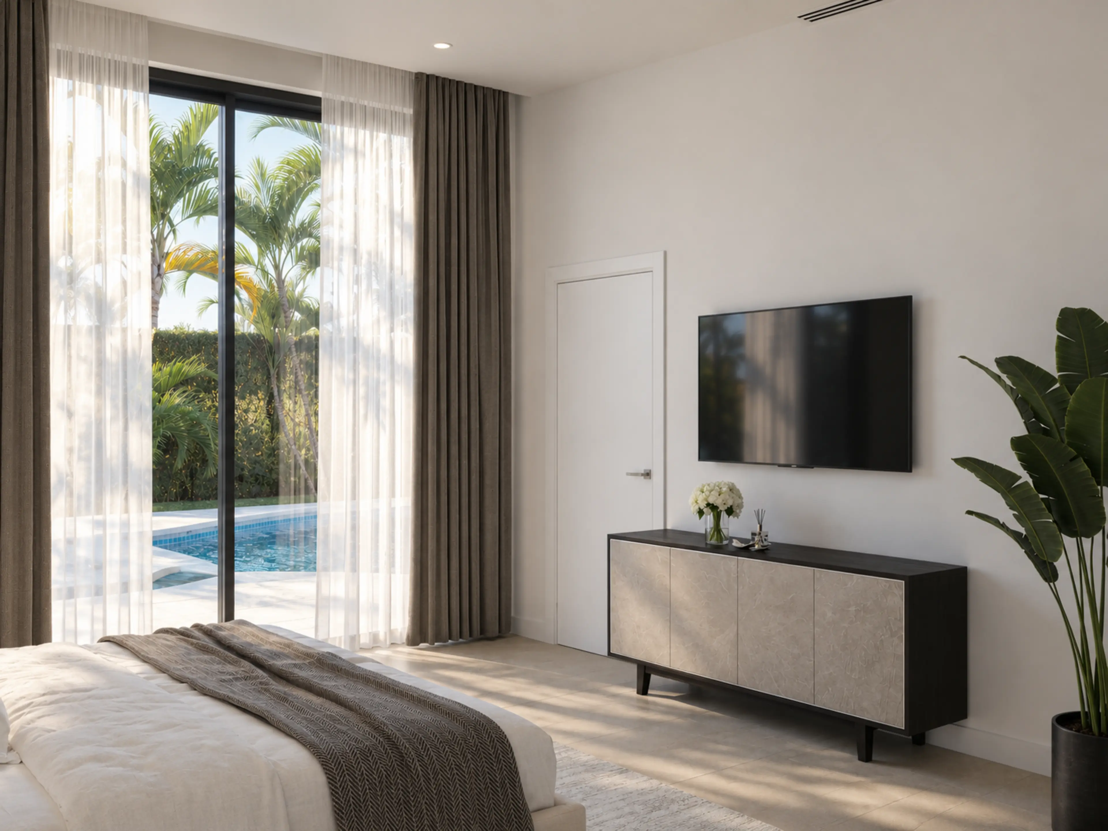 Bedroom television cabinet beside sliding glass doors.
