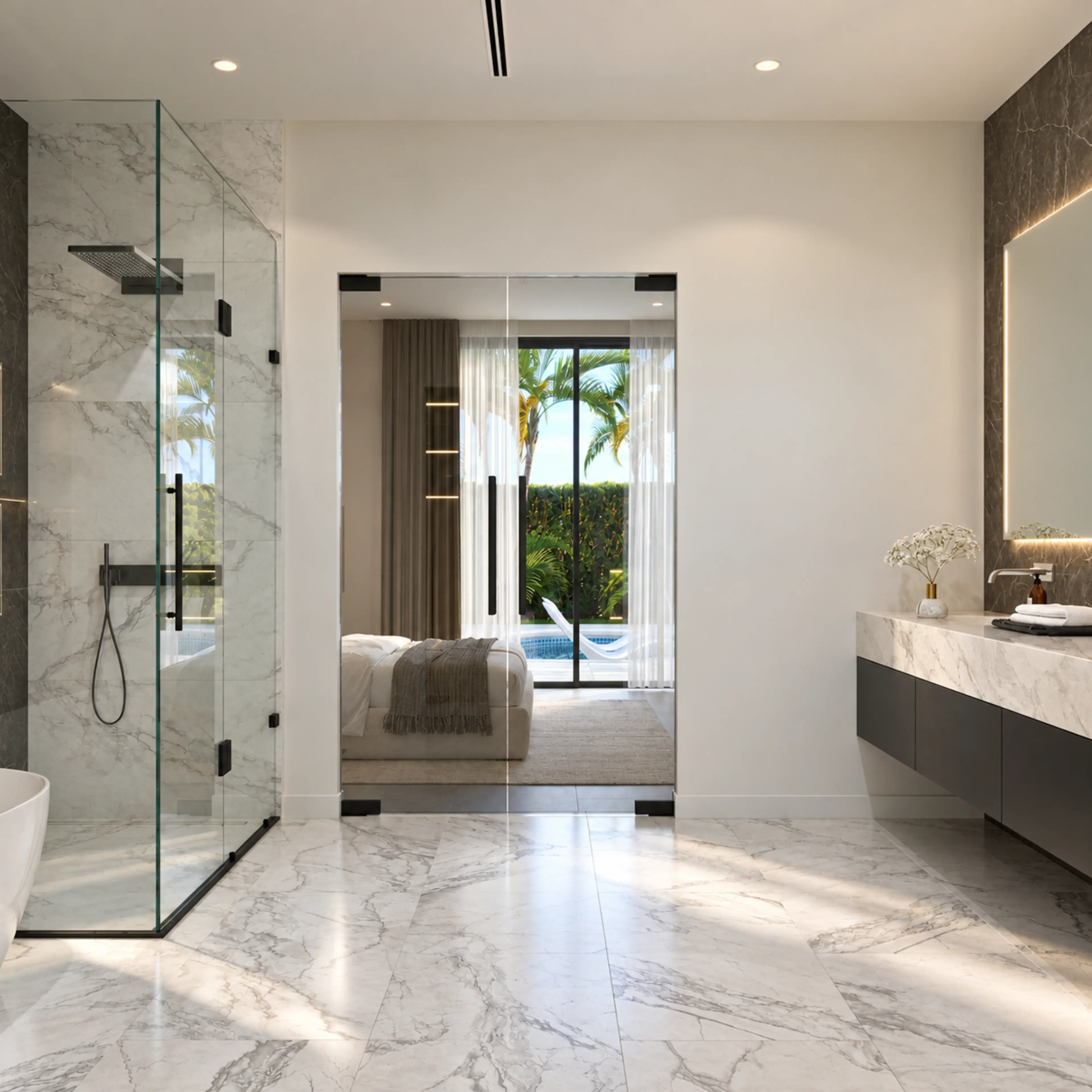Bathroom with a glass shower and long vanity.