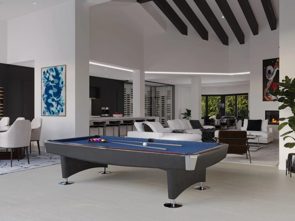Project rendering: billiards area opening into the living room beneath exposed beams.