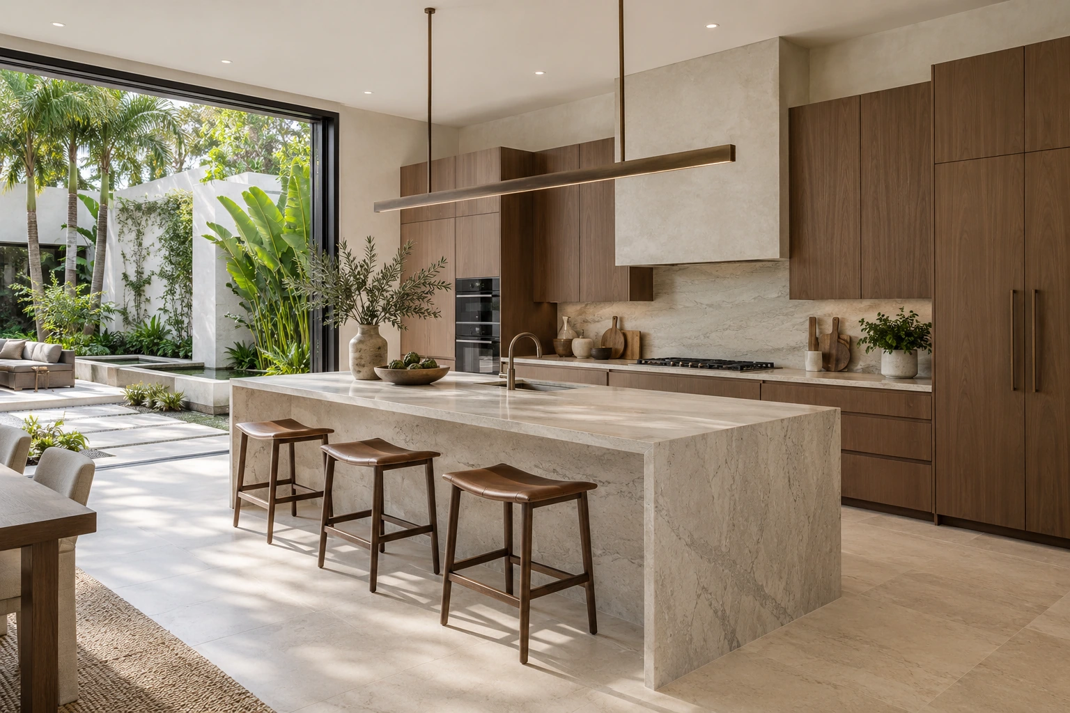 Architectural kitchen concept with walnut cabinetry, a limestone island, and a tropical courtyard.