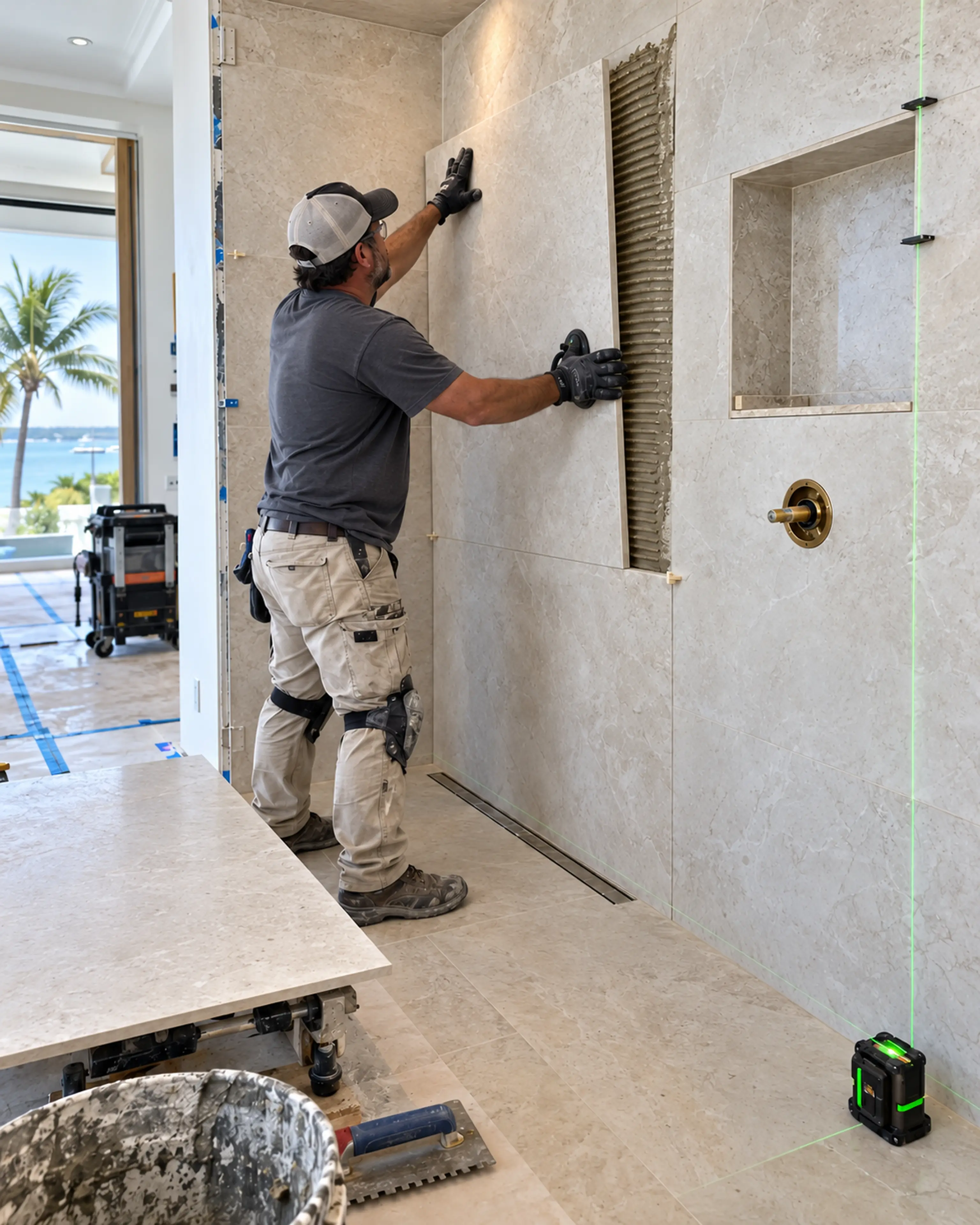 RENOVA tile setter precisely installing large-format limestone in a protected waterfront bathroom renovation.