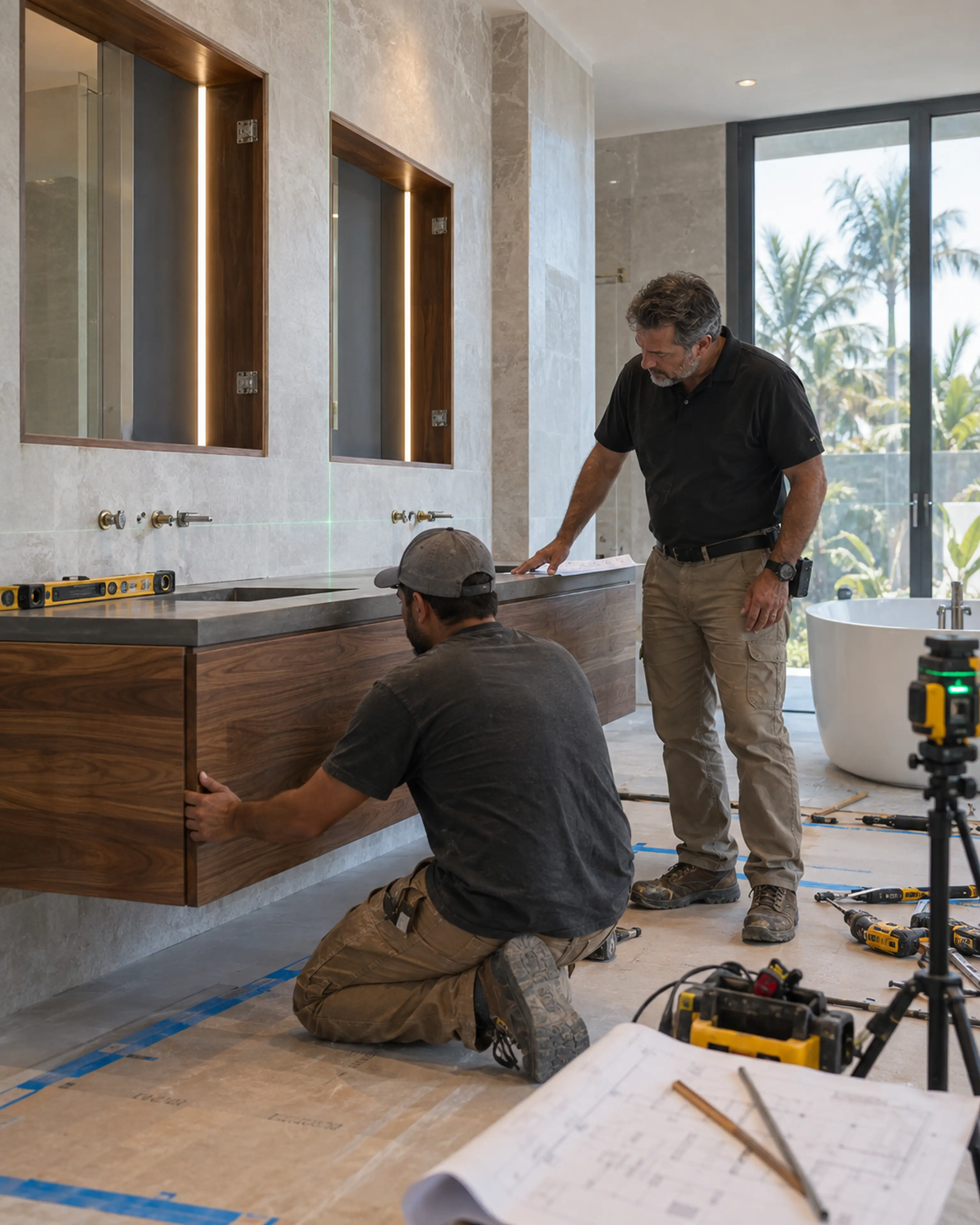 Finish carpenter and superintendent checking a floating walnut vanity installation in a Miami Modern bathroom renovation.