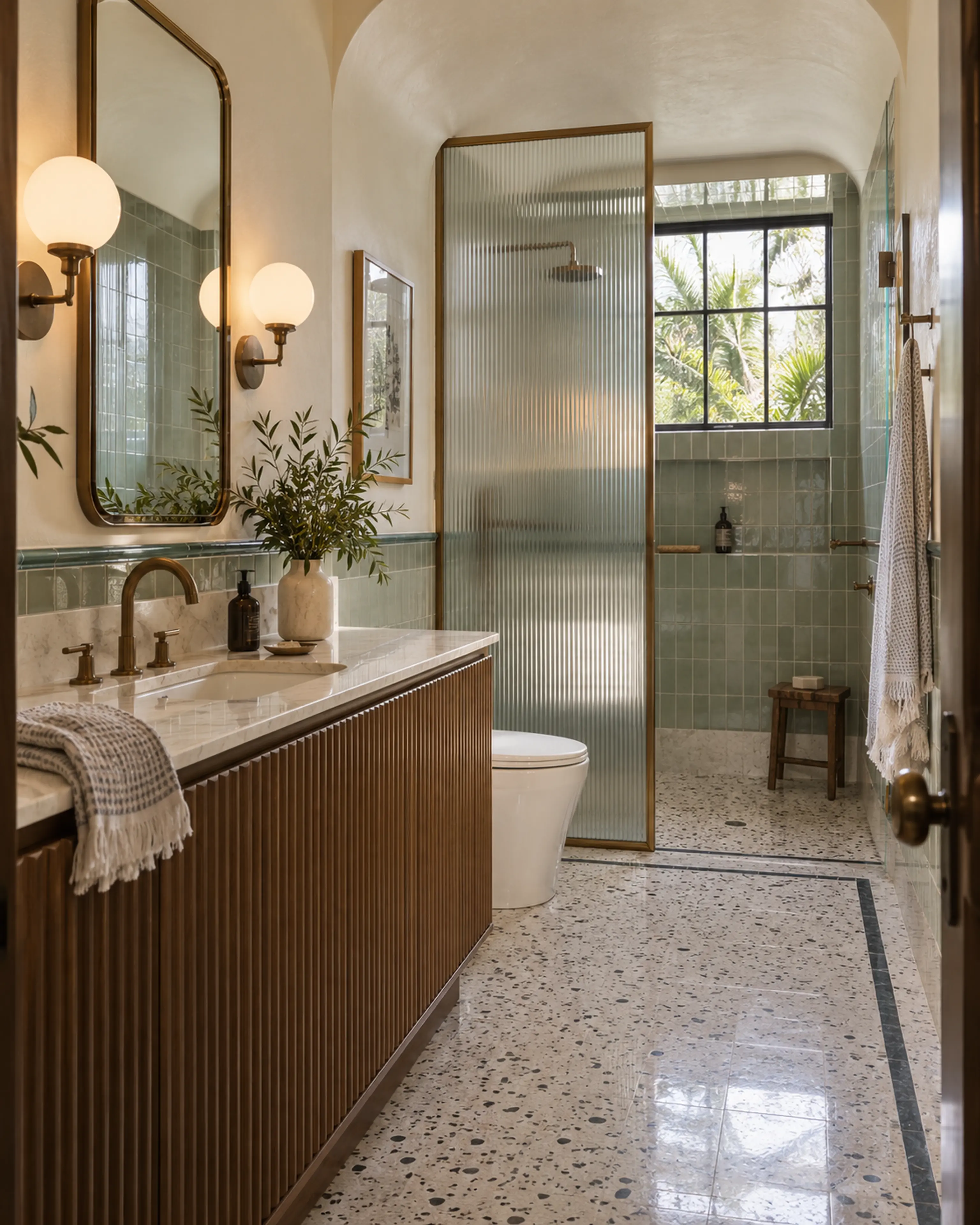 Restrained residential Art Deco bathroom with a fluted walnut vanity, terrazzo border, ribbed glass, sea-green tile, and rounded plaster ceiling.