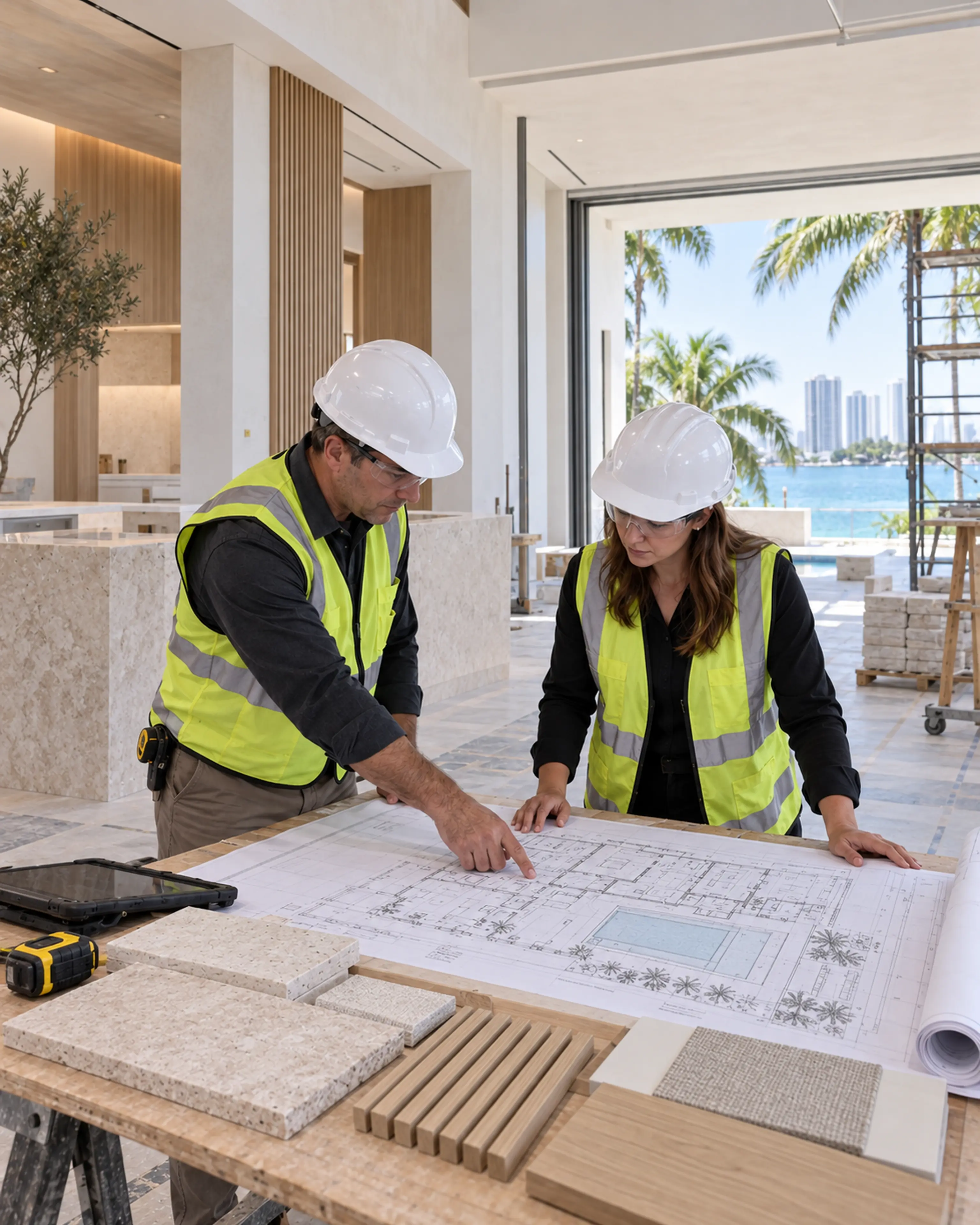 Two commercial construction professionals reviewing Coastal Contemporary plans and materials with correct PPE.