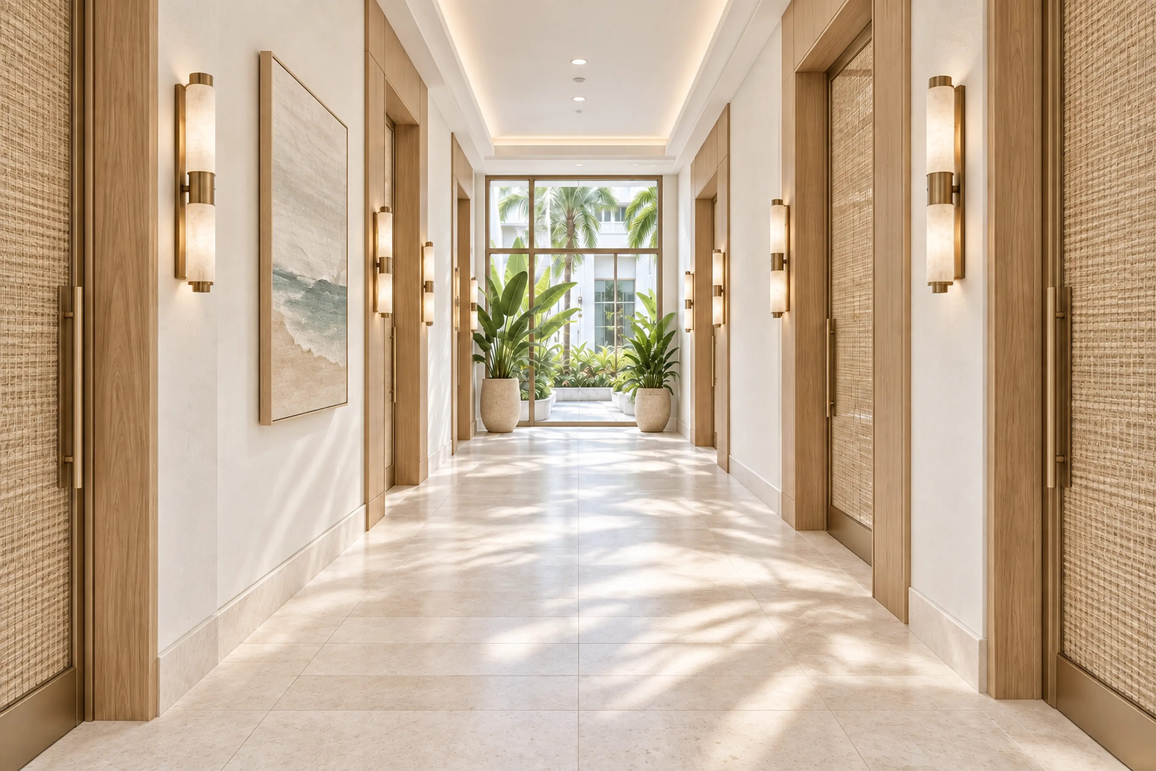 Coastal Contemporary commercial gallery with pale limestone, white oak, woven texture, and garden light.