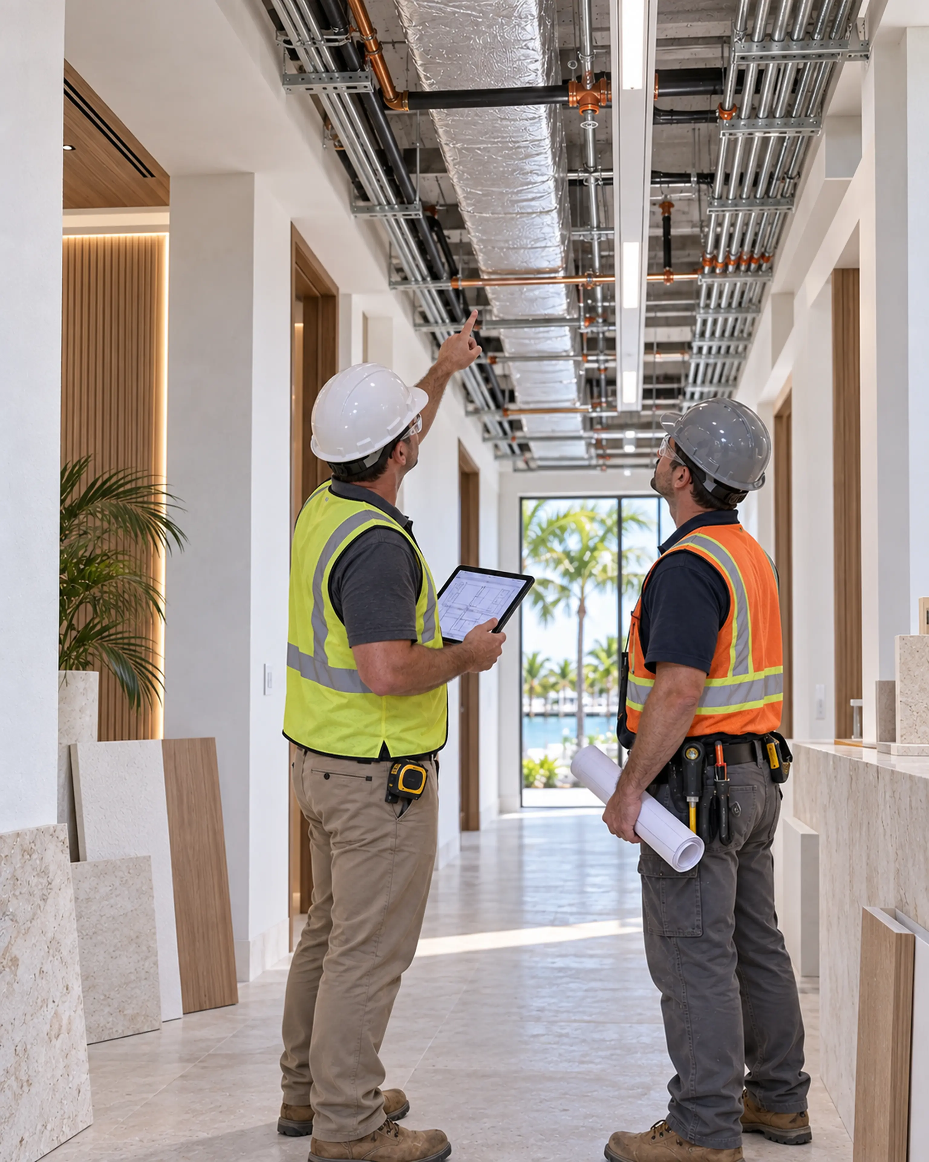 Two tradespeople coordinating Coastal Contemporary commercial systems with correct PPE and tools.