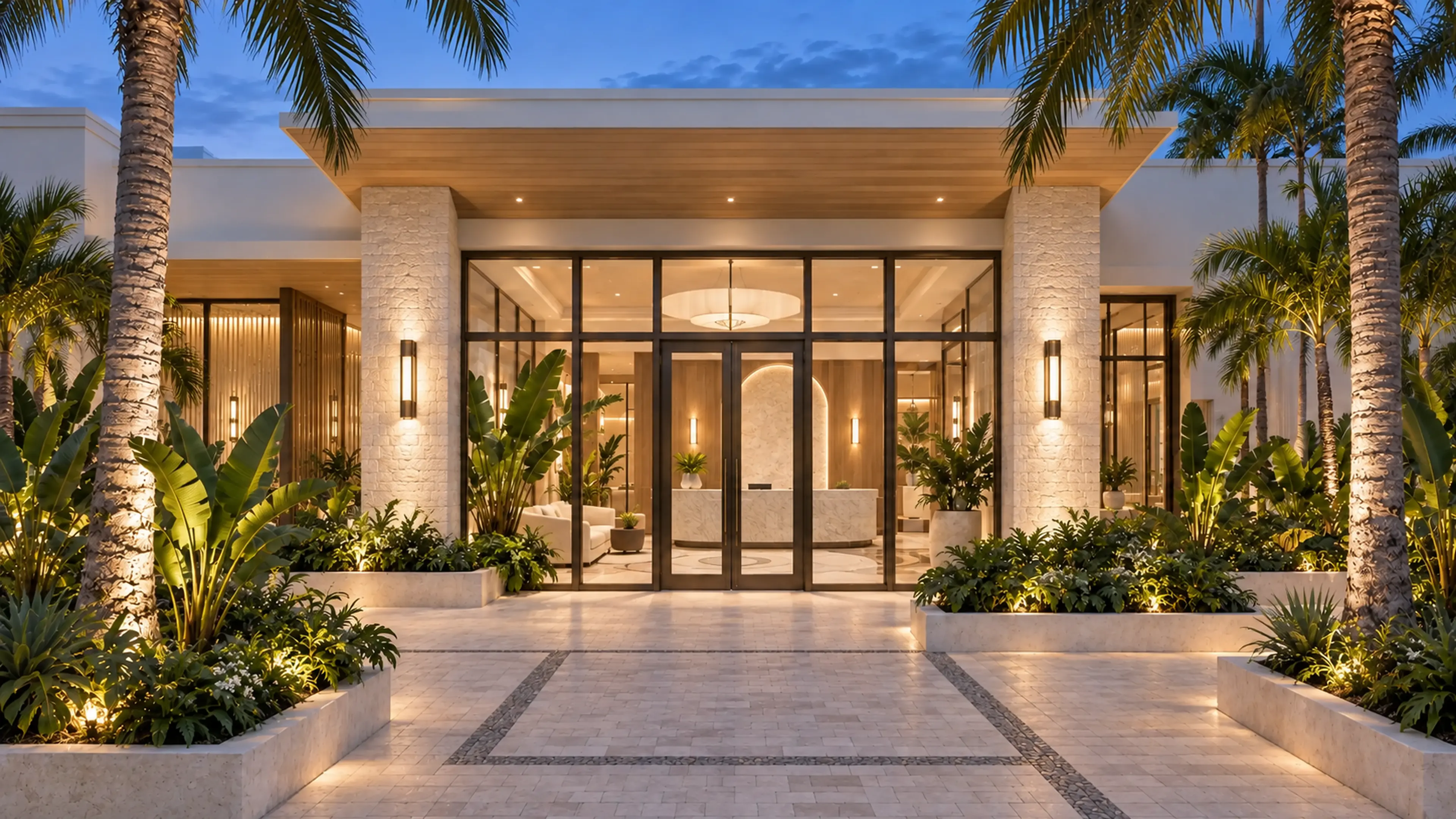 Coastal Contemporary commercial entrance glowing at blue hour behind tropical landscaping.