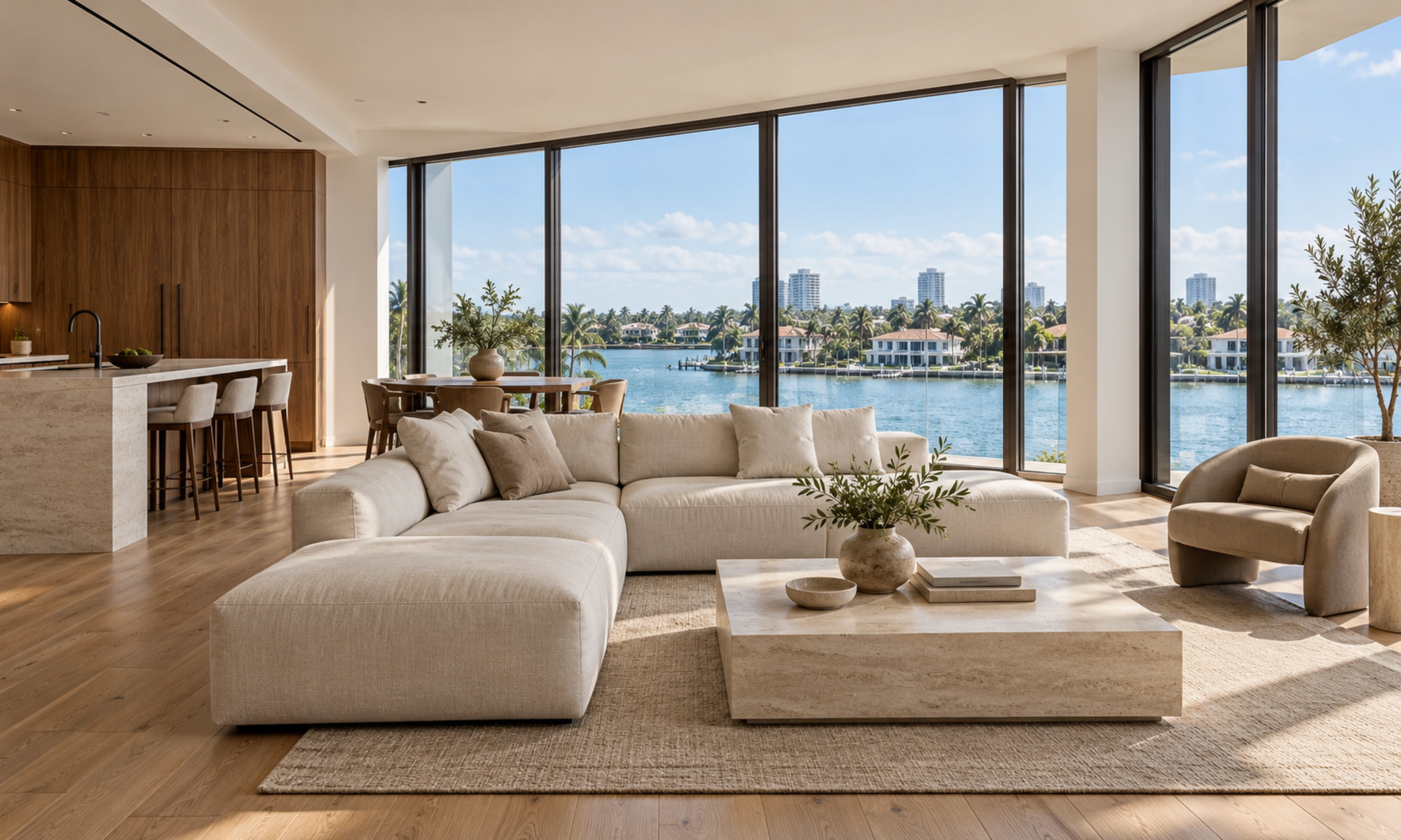 Contemporary waterfront condo living room with an ivory linen sofa, limestone coffee table, warm wood cabinetry, and floor-to-ceiling windows — RENOVA design concept.