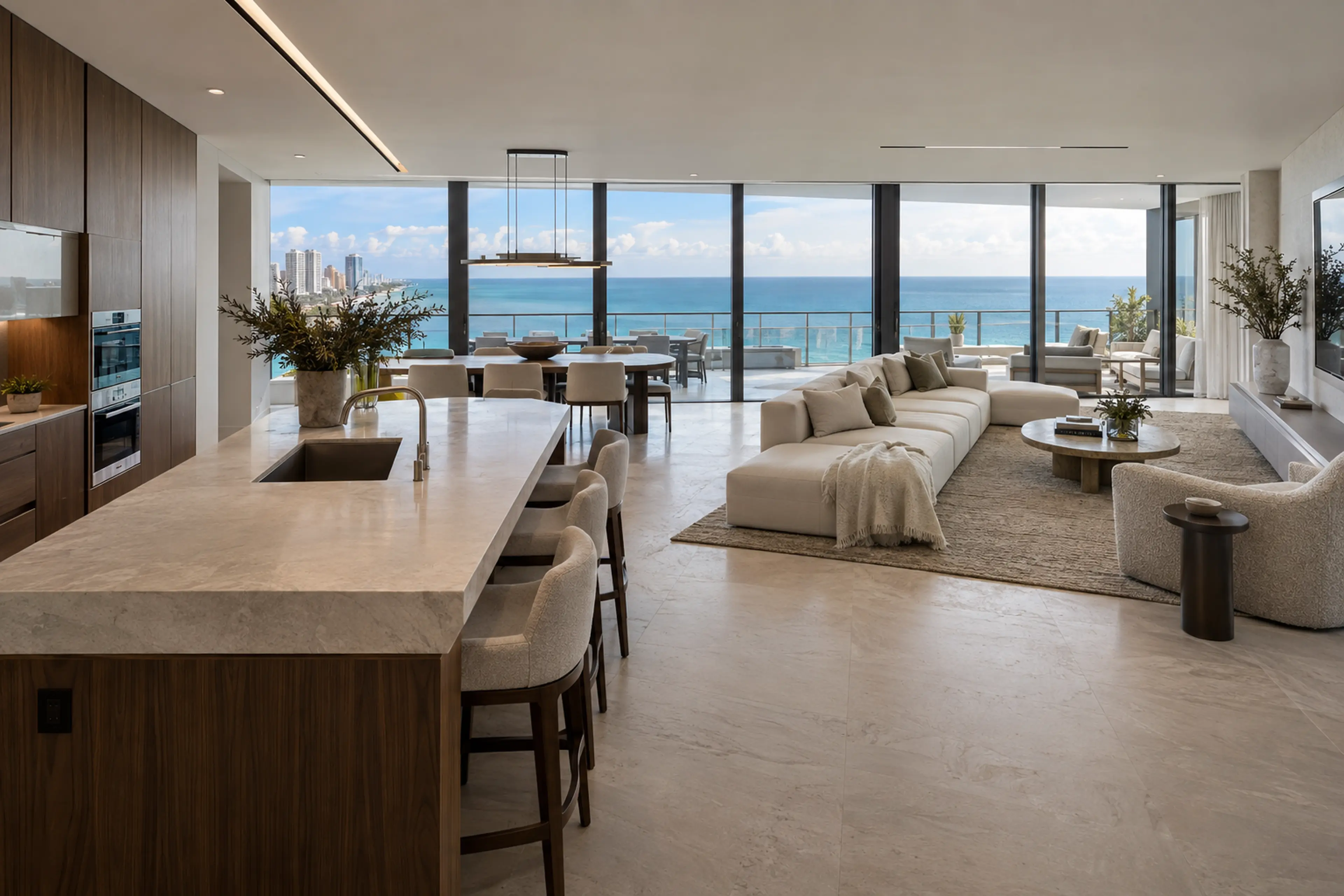 Miami Modern oceanfront condominium with pale limestone, walnut millwork, charcoal glazing, sculptural seating, and uninterrupted Atlantic views.