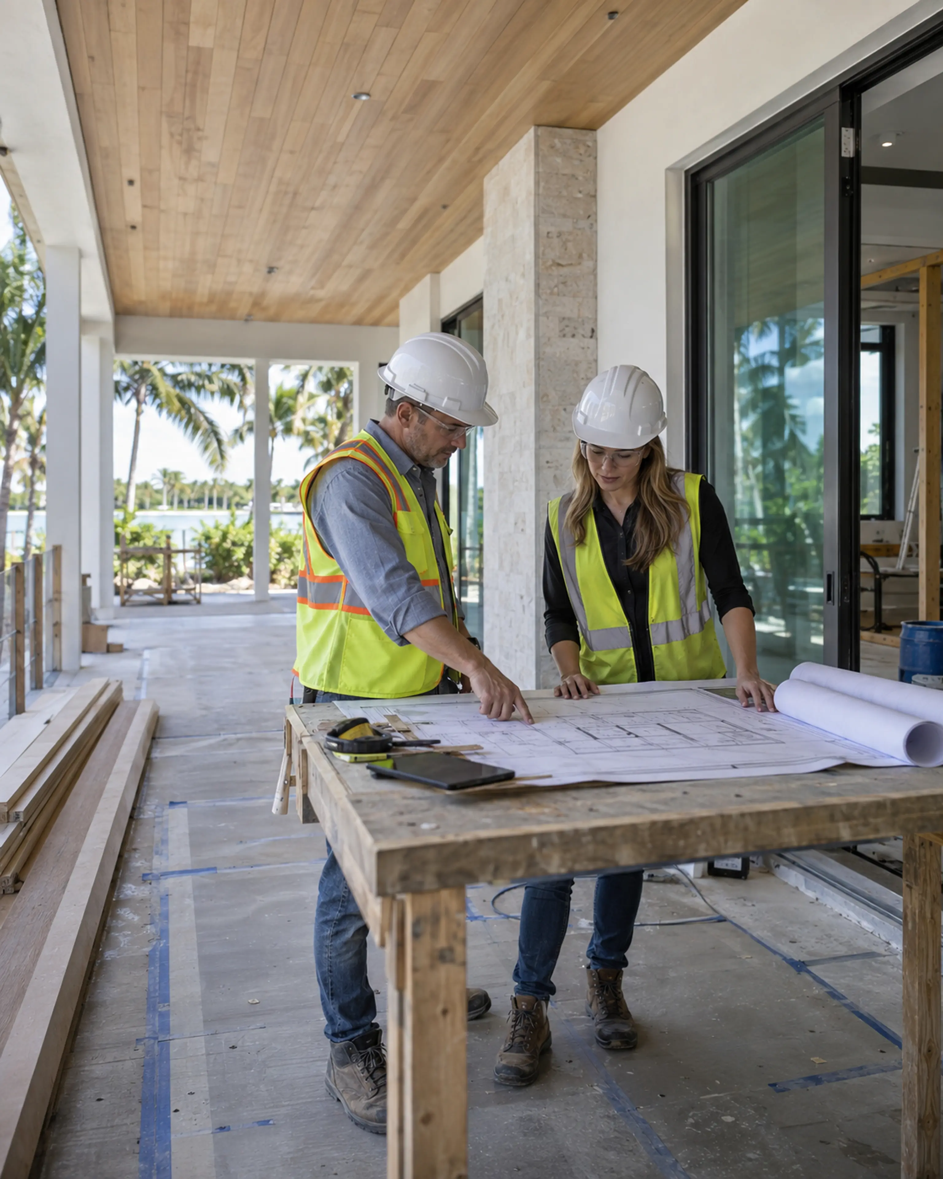 Construction superintendent and engineer reviewing drawings on the covered lanai of a Coastal Contemporary renovation.